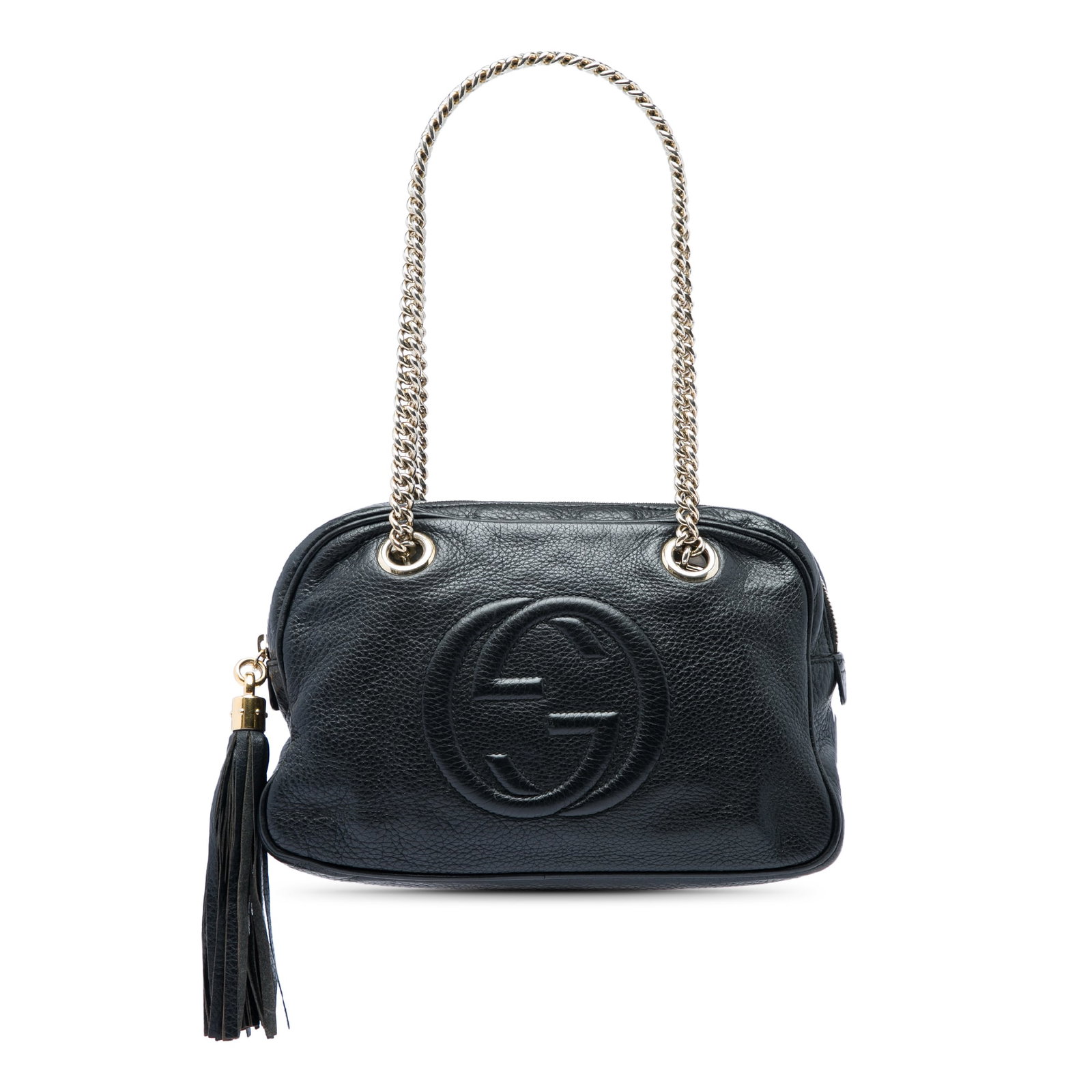 Gucci Soho Chain Zip Shoulder Bag in Black Pebbled Leather: Gucci Soho Chain Zip Shoulder Bag in Black Pebbled Leather Gucci Soho Chain Zip shoulder bag in black pebbled calfskin with curb chain shoulder straps and a top zip closure with tassel pull. The inter