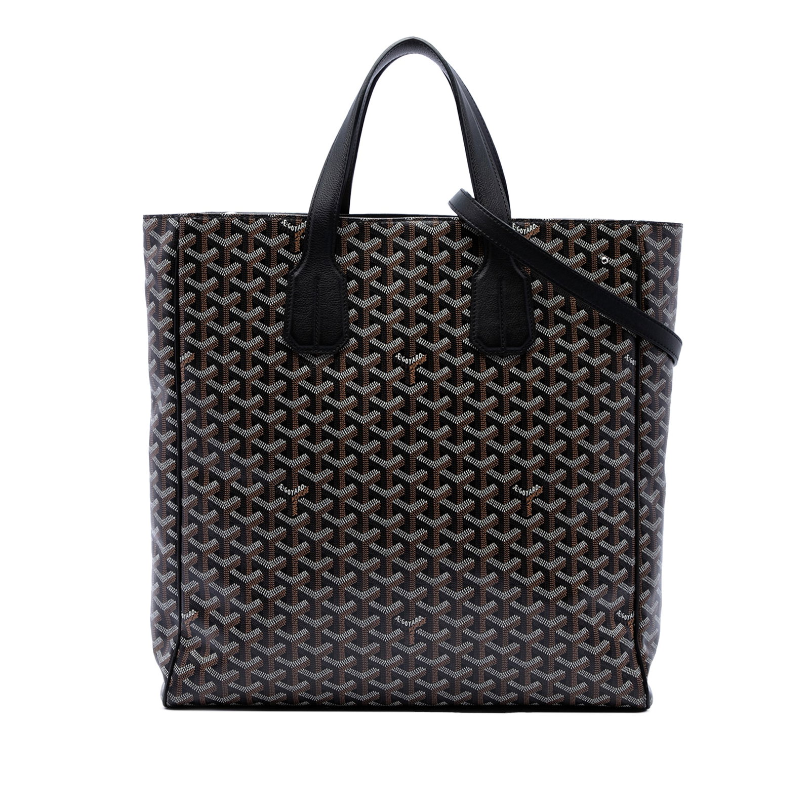 Goyard Voltaire III Black Coated Canvas Tote Bag: Goyard Voltaire III Black Coated Canvas Tote Bag The Goyardine Voltaire III is a black bag crafted with a coated canvas body and leather trim. It features flat leather handles, a detachable flat leath