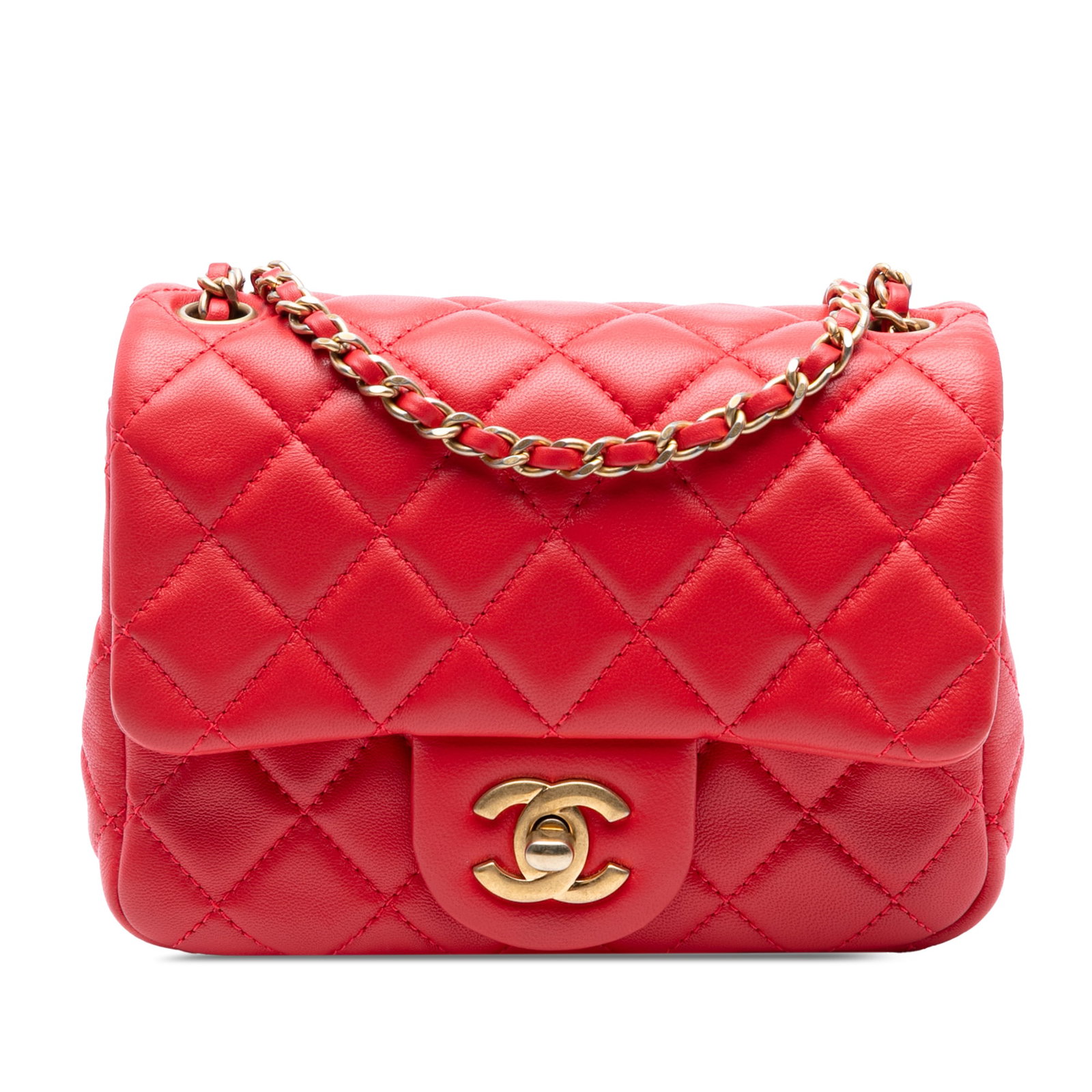 Chanel Mini Square Classic Lambskin Pearl Crush Crossbody Bag Red: Chanel Mini Square Classic Lambskin Pearl Crush Crossbody Bag Red This stunning Chanel Mini Square Classic Lambskin Pearl Crush Single Flap crossbody bag is a perfect blend of elegance and practicalit