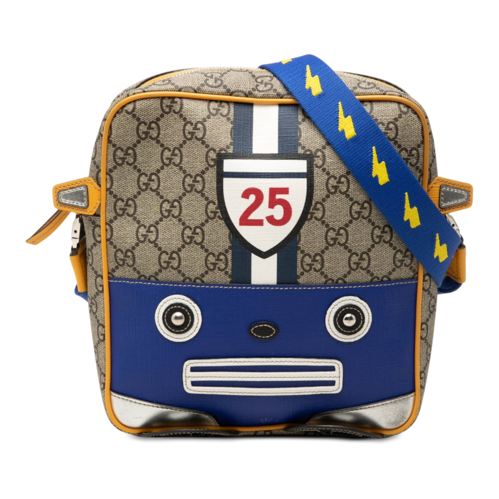 Gucci Kids Robot Messenger Bag in GG Supreme Canvas: Gucci Kids Robot Messenger Bag in GG Supreme Canvas Gucci Kids GG Supreme Robot Messenger Bag in beige coated canvas with leather trim. This messenger bag features a flat strap and a top zip closure. 