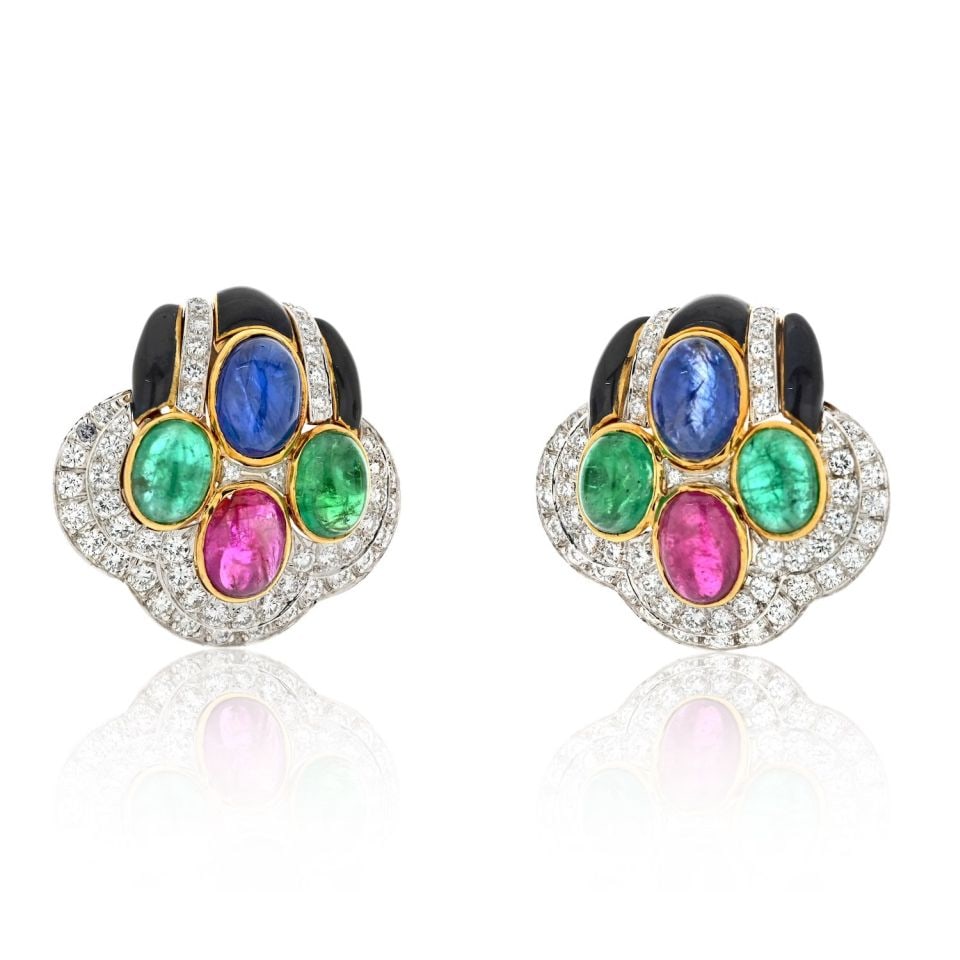 David Webb Platinum 18K Gold Earrings with Enamel Diamonds and Gemstones: David Webb Platinum 18K Gold Earrings with Enamel Diamonds and Gemstones David Webb clip-on earrings crafted in platinum and 18K yellow gold, accented with black enamel, pave-set round diamonds, caboc