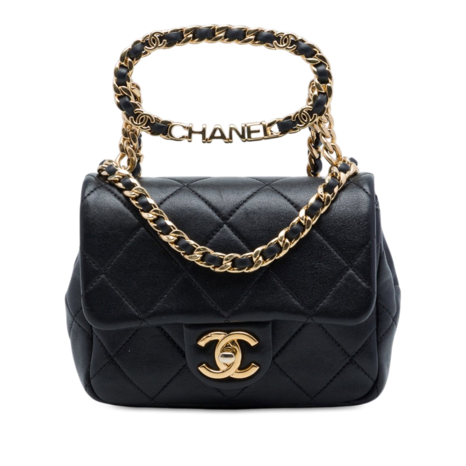 Chanel Oval Logo Mini Flap Bag in Black Quilted Lambskin: Chanel Oval Logo Mini Flap Bag in Black Quilted Lambskin A compact Chanel flap bag crafted in quilted lambskin leather with an oval logo design. It features a leather-woven chain top handle, a leather