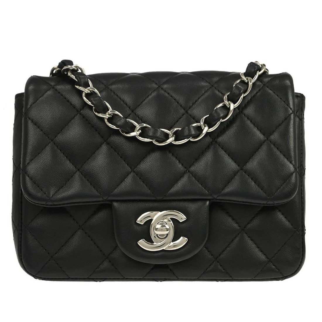 CHANEL Classic Flap Mini Square Lambskin Shoulder Bag Black: CHANEL Classic Flap Mini Square Lambskin Shoulder Bag Black Chanel Mini Classic Square Flap shoulder bag in black lambskin leather with matelasse quilting and a flap turnlock closure. This small shoul