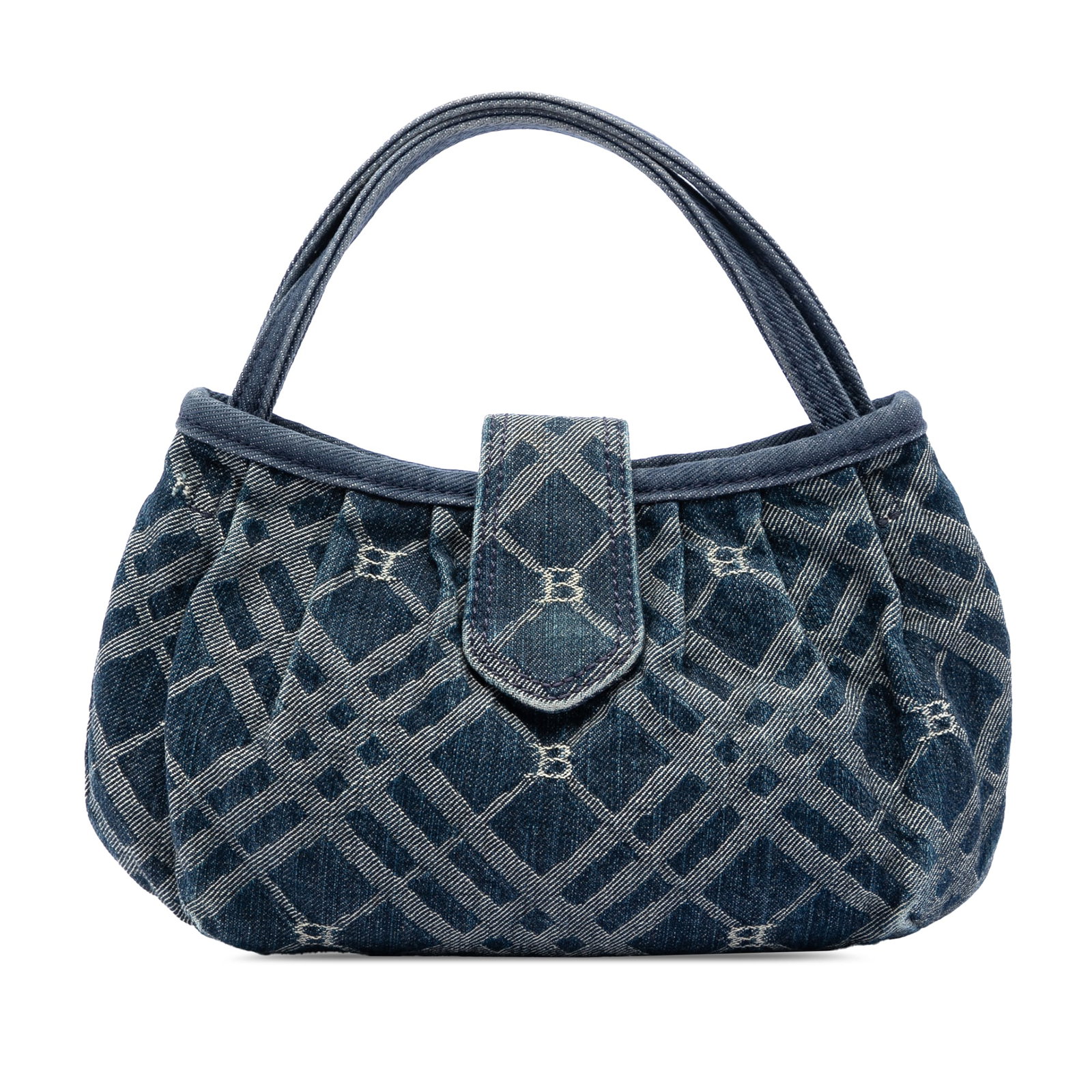 Burberry Nova Check Blue Denim Top Handle Bag: Burberry Nova Check Blue Denim Top Handle Bag Burberry Nova Check Denim Handbag with a denim body, flat denim handles, an open top, and a front flap with magnetic snap closure. The interior includes a