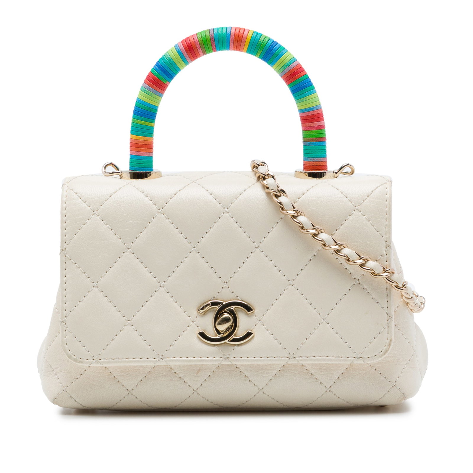 Chanel Extra Mini Top Handle Flap Quilted Goatskin Bag: Chanel Extra Mini Top Handle Flap Quilted Goatskin Bag Compact and structured, this Chanel Extra Mini Quilted Goatskin Rainbow Top Handle Flap is crafted in white goatskin leather with a multicolored 