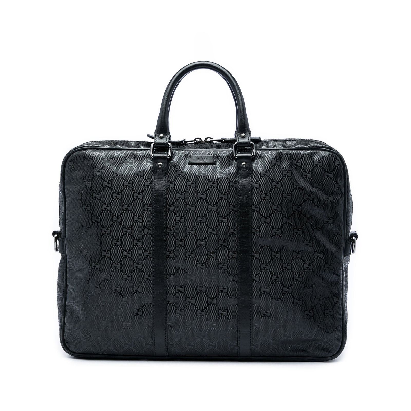 Gucci GG Imprime Black Coated Canvas Business Briefcase: Gucci GG Imprime Black Coated Canvas Business Briefcase Gucci GG Imprime Business Bag in black with a coated canvas body, leather trim, rolled leather handles, top zip closure, and an interior zip poc