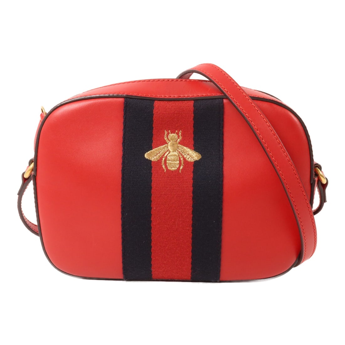 Gucci 412008 Bee Web Shoulder Bag Calfskin Red Navy: Gucci 412008 Bee Web Shoulder Bag Calfskin Red Navy A GUCCI GG GHW Web Sherry Line Bee shoulder bag in red and navy calfskin (cowhide). It features a shoulder strap, interior open pockets, and comes w