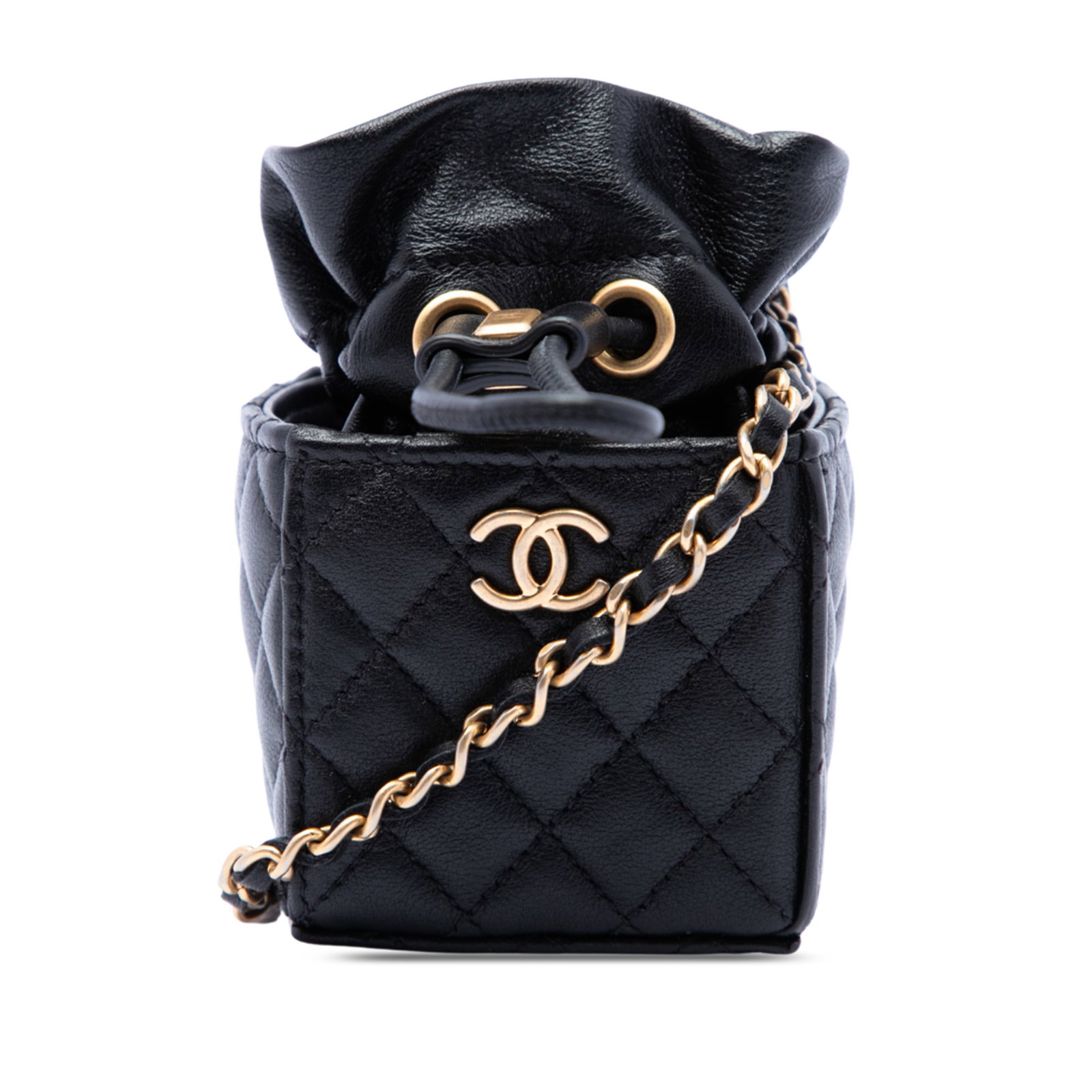 Chanel Mini Drawstring Bucket Bag in Black Quilted Calfskin: Chanel Mini Drawstring Bucket Bag in Black Quilted Calfskin Compact and refined, this Chanel mini bucket bag is crafted in quilted calf leather with a leather-woven chain-link shoulder strap and an op