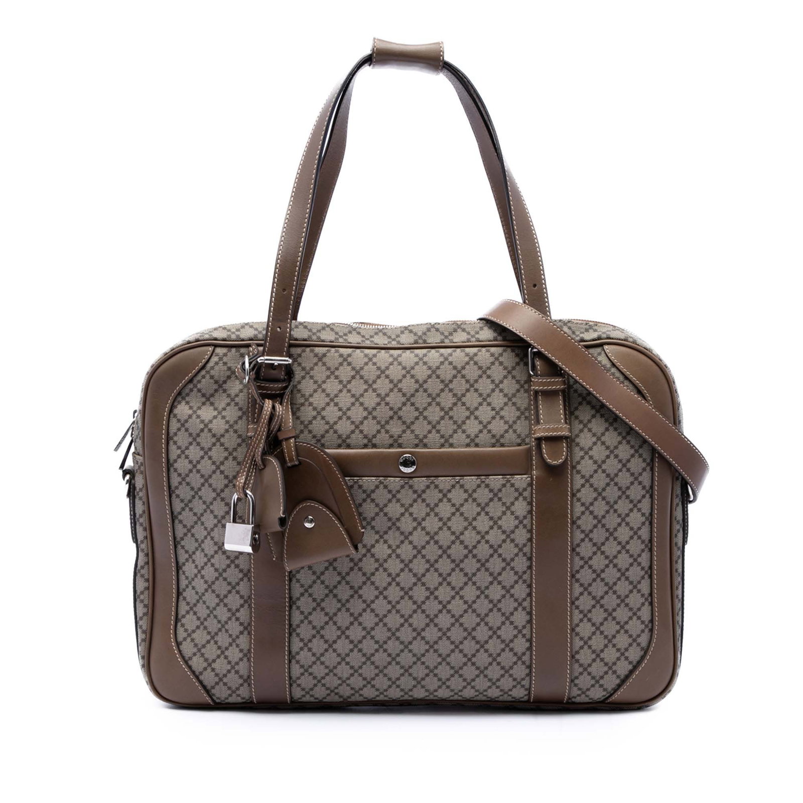 Gucci Diamante Briefcase Beige Coated Canvas Leather Trim: Gucci Diamante Briefcase Beige Coated Canvas Leather Trim Gucci Diamante coated canvas business bag with leather trim and a structured, practical design. It features flat leather handles, a detachable