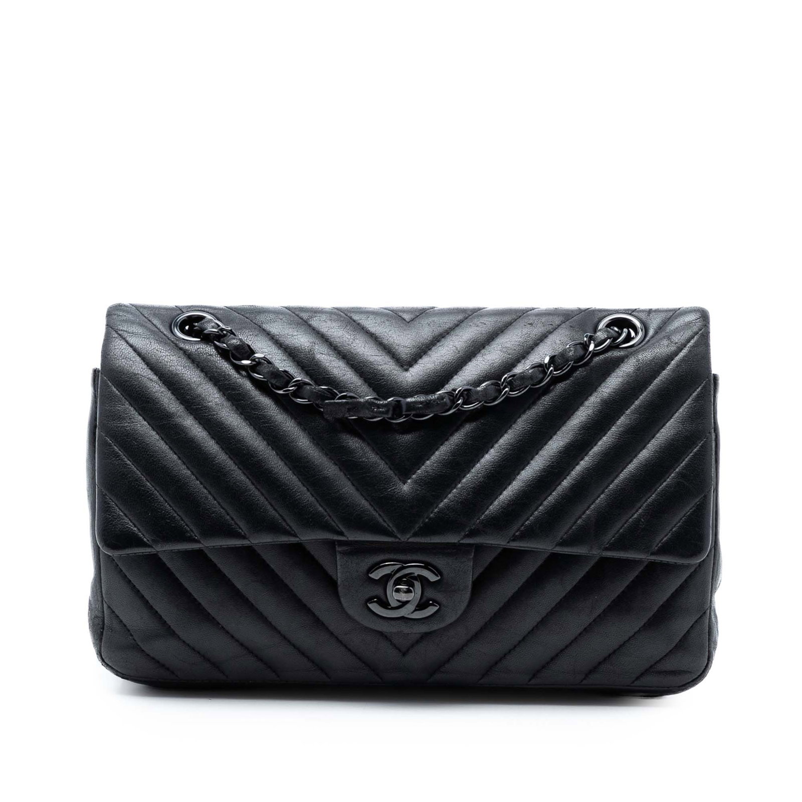 Chanel Chevron Lambskin Double Flap Shoulder Bag Black: Chanel Chevron Lambskin Double Flap Shoulder Bag Black This Chanel Medium Classic Chevron Lambskin So Black Double Flap shoulder bag is crafted from quilted lambskin leather in black. It features a le