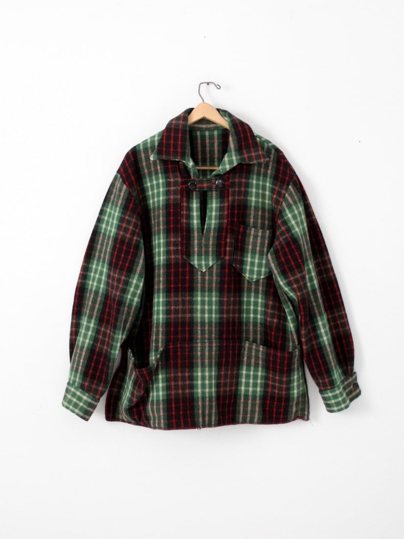 Vintage Wool Plaid Pullover Green Red White Black with Pockets (1 of 8)