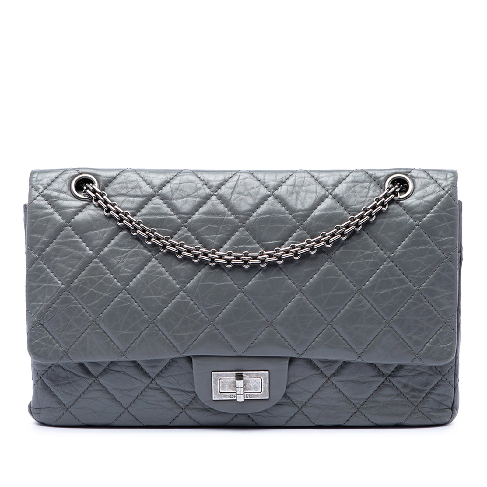 Chanel Reissue 2.55 227 Quilted Gray Calfskin Shoulder Bag: Chanel Reissue 2.55 227 Quilted Gray Calfskin Shoulder Bag A Chanel Reissue 2.55 Double Flap 227 shoulder bag in gray quilted aged calfskin. This bag features chain link shoulder straps, double front 