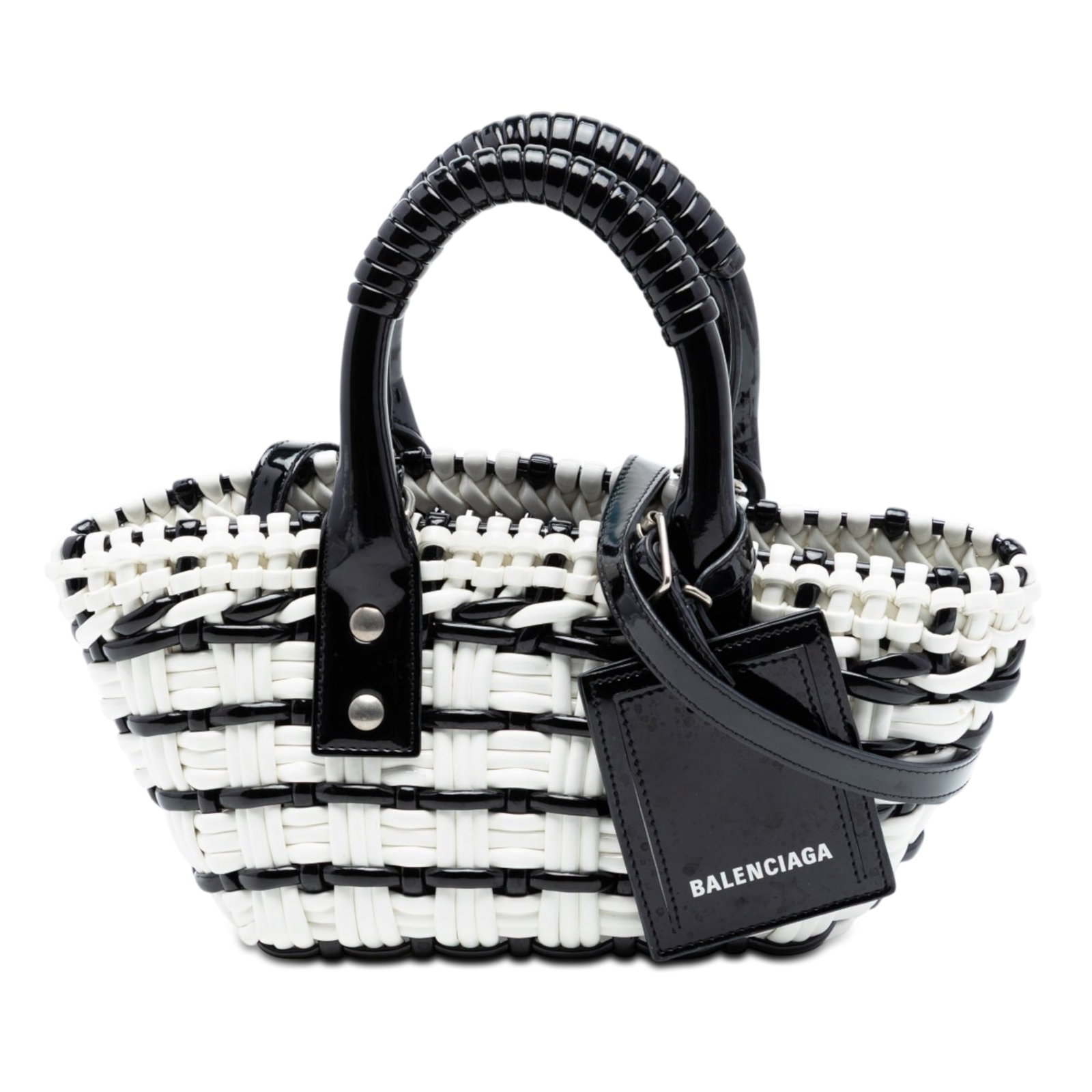 Balenciaga XXS Faux Leather Bistro Basket Satchel White: Balenciaga XXS Faux Leather Bistro Basket Satchel White Balenciaga Faux Leather Bistro Basket Bag XXS with a braided faux leather body, rolled handles, a detachable flat strap, an open top, and an int