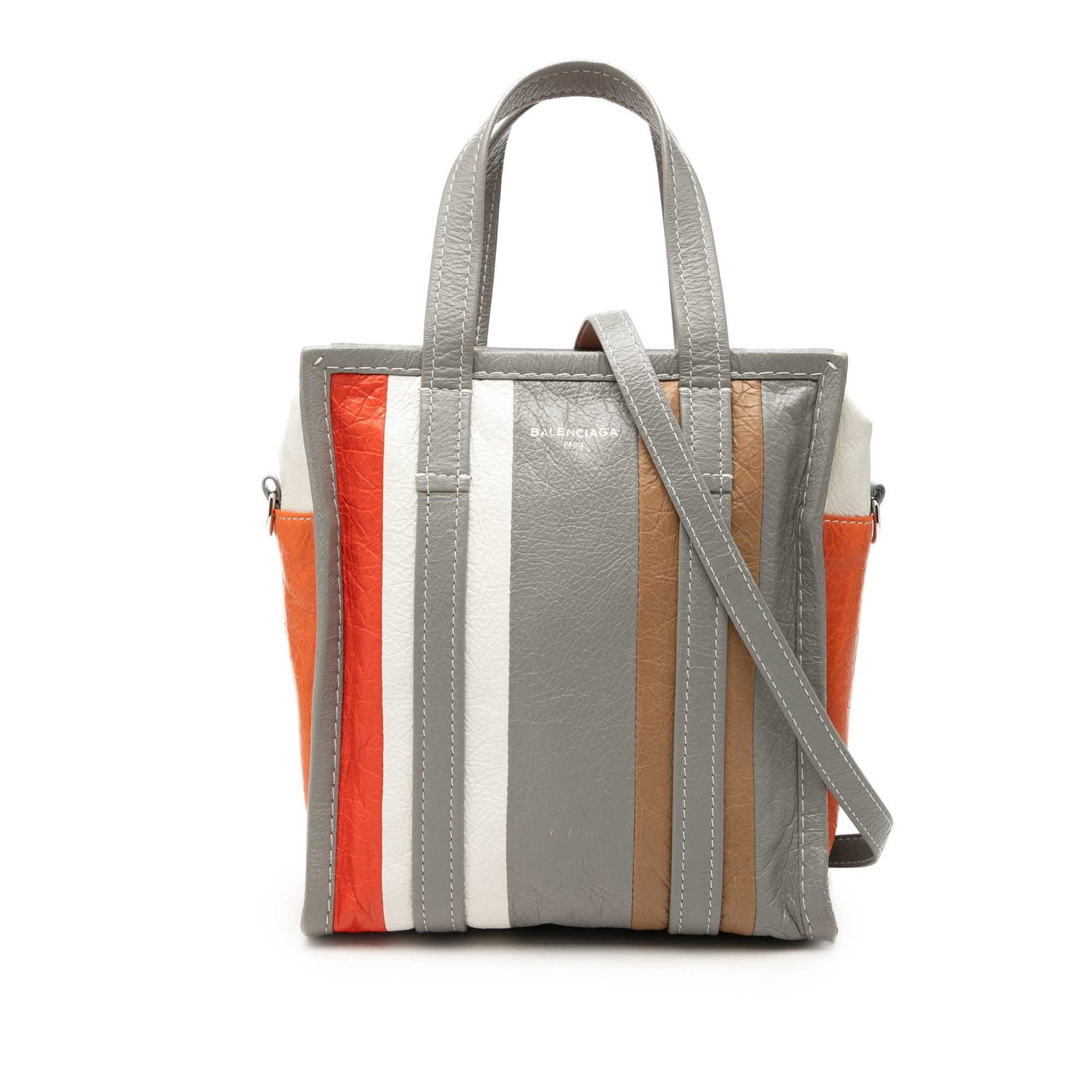 Balenciaga Bazar Shopper XS Lambskin Leather Satchel Gray: Balenciaga Bazar Shopper XS Lambskin Leather Satchel Gray Balenciaga Bazar Shopper Satchel XS crafted in gray lambskin leather with flat top handles, a detachable shoulder strap, and a top zip closure
