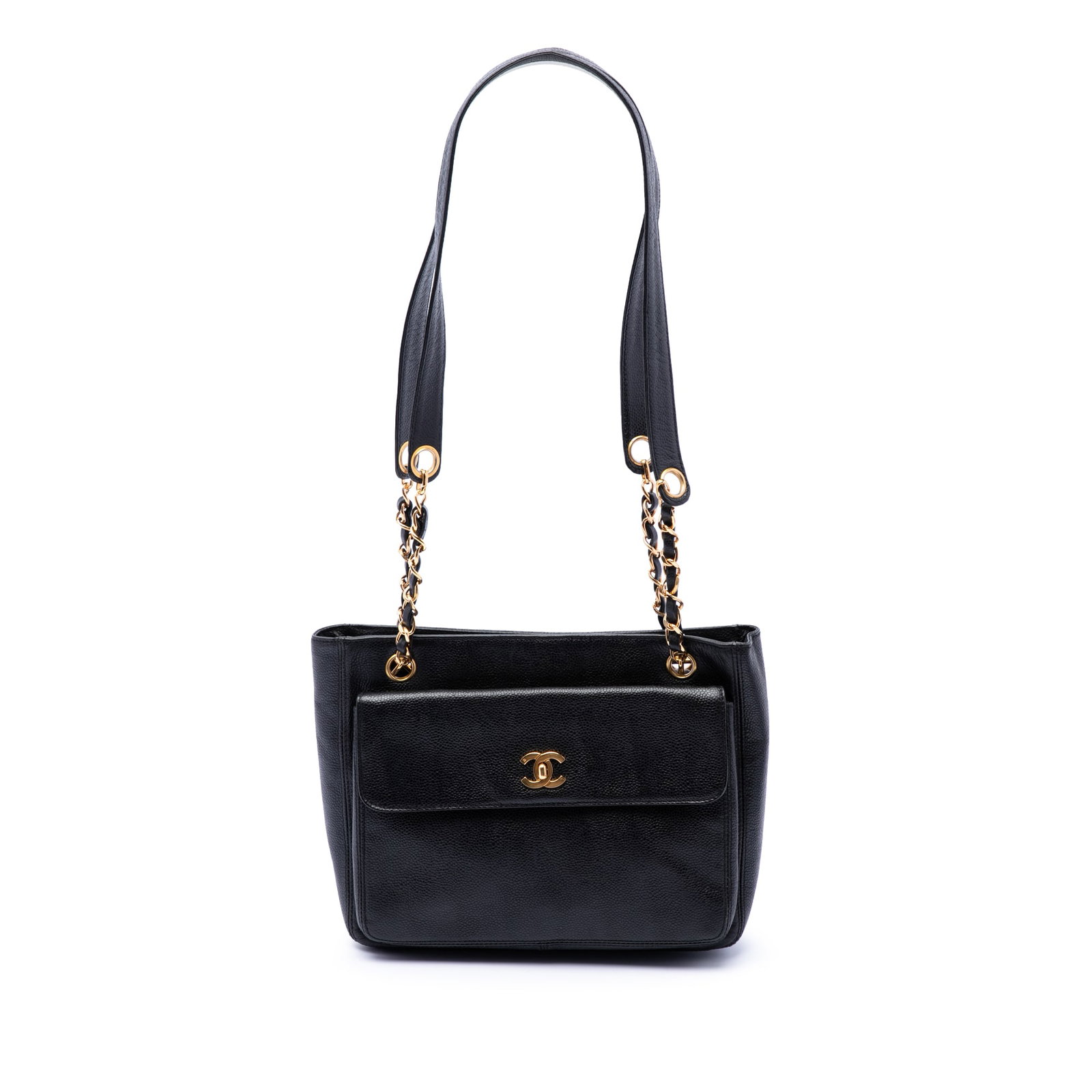 Chanel CC Front Pocket Shoulder Bag in Black Caviar Leather: Chanel CC Front Pocket Shoulder Bag in Black Caviar Leather Chanel CC Caviar Front Pocket Shoulder Bag in black caviar leather. This shoulder bag features leather-woven chain link and leather straps, 