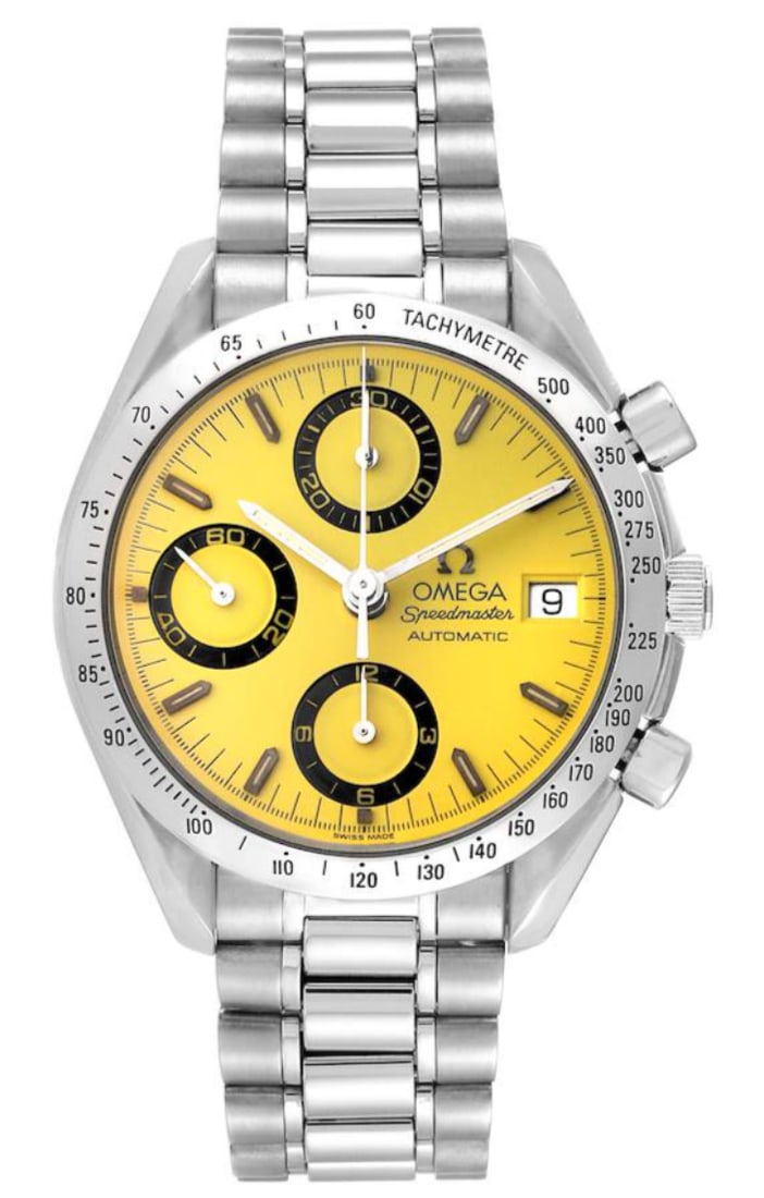 Omega Speedmaster Schumacher Ref. 3511.12 Yellow Dial Steel Bracelet Watch: Omega Speedmaster Schumacher Ref. 3511.12 Yellow Dial Steel Bracelet Watch Omega Speedmaster Schumacher wristwatch featuring a yellow dial, fixed tachymetre bezel, and stainless steel bracelet. This u