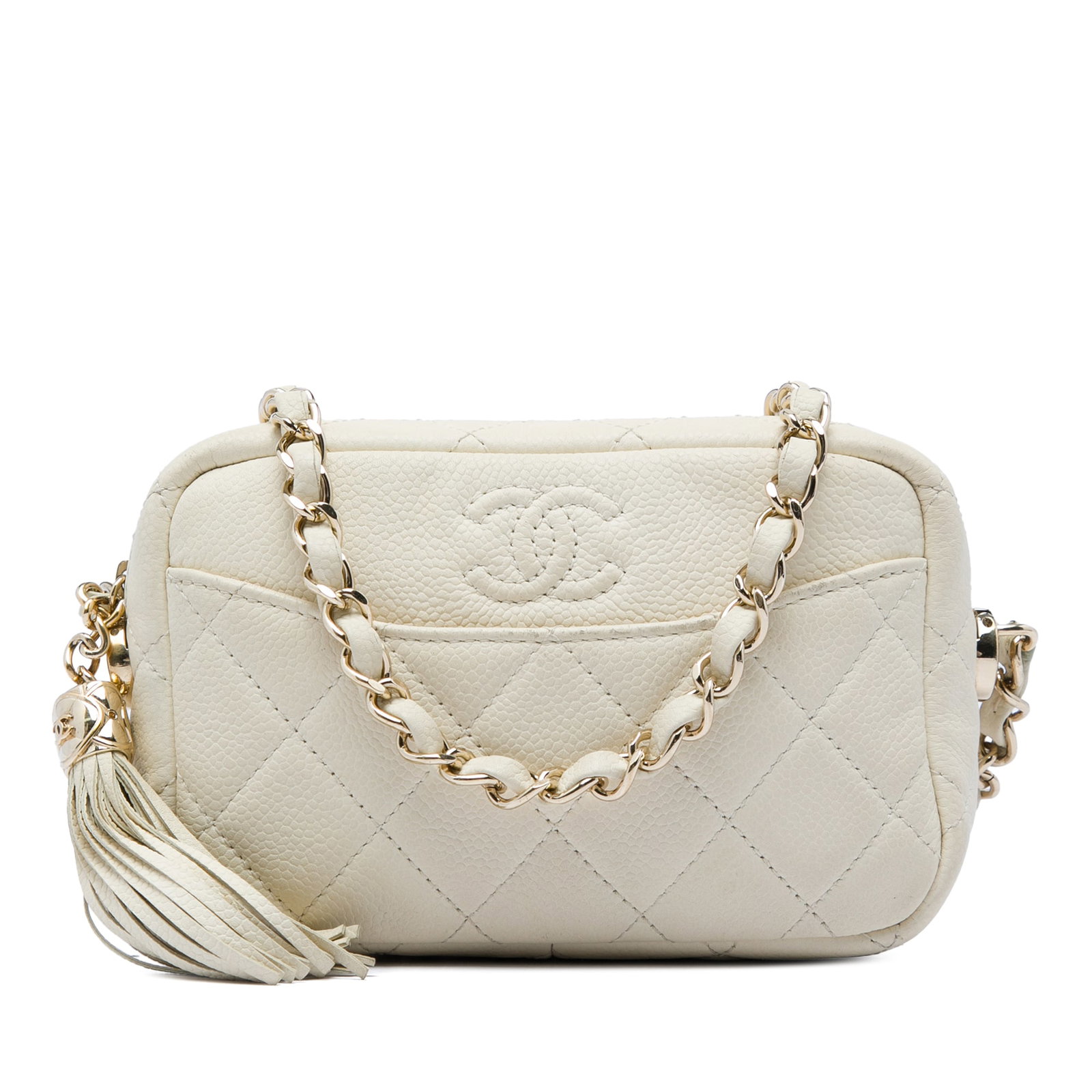 Chanel Coco Tassel Mini Camera Crossbody in White Caviar Leather: Chanel Coco Tassel Mini Camera Crossbody in White Caviar Leather A compact Chanel crossbody bag crafted in white quilted caviar leather. This Mini Quilted Caviar Coco Tassel Camera Case features a lea