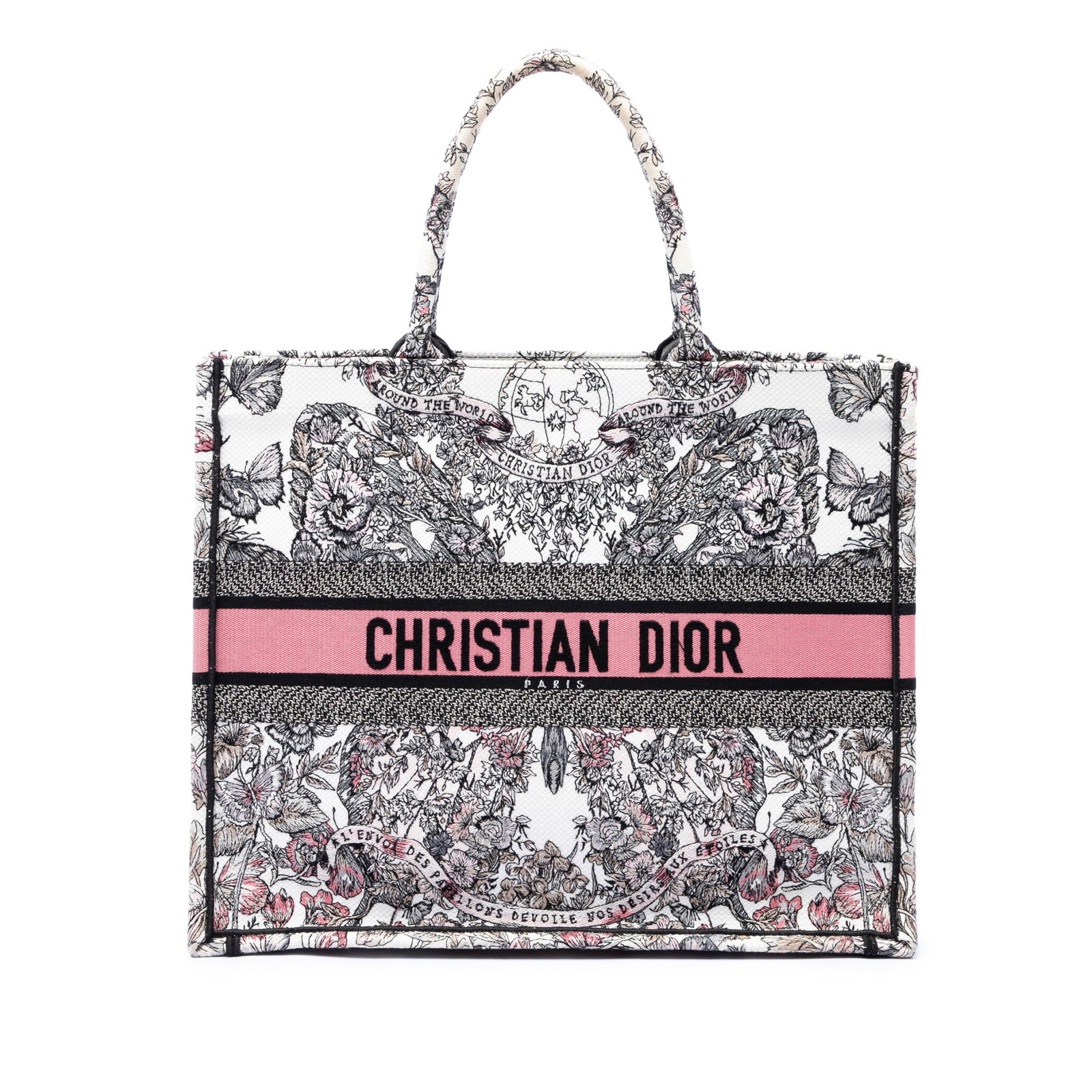Dior Book Tote Large Butterfly Around The World canvas bag: Dior Book Tote Large Butterfly Around The World canvas bag A Dior Book Tote in white fabric with the Butterfly Around The World design. This large tote features an embroidered canvas body, rolled hand