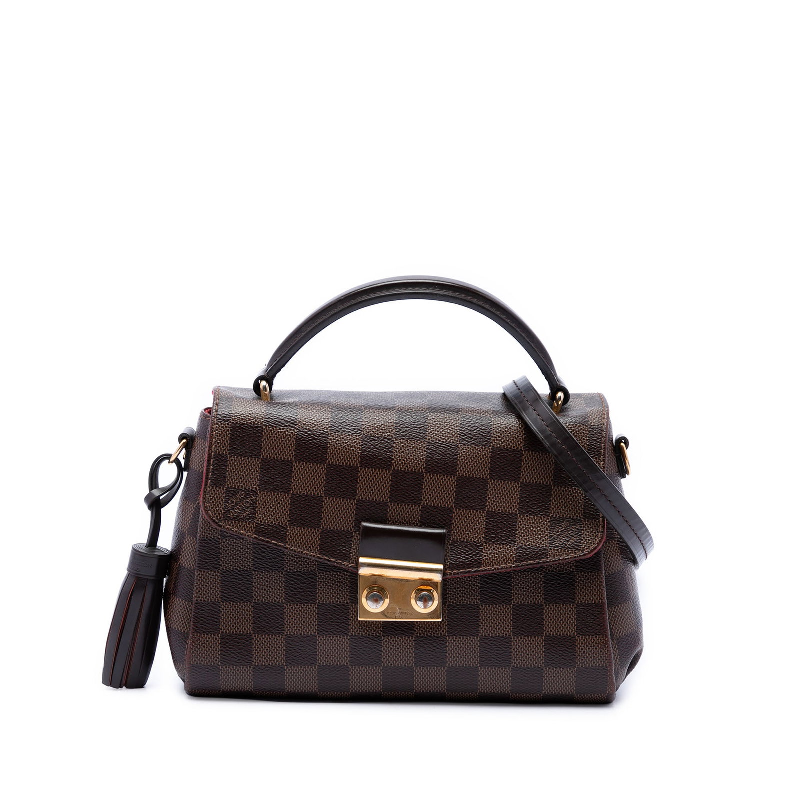 Louis Vuitton Croisette Shoulder Bag in Damier Ebene Canvas: Louis Vuitton Croisette Shoulder Bag in Damier Ebene Canvas A Louis Vuitton Croisette handbag in Damier Ebene canvas with leather trim and a leather tassel detail. This bag features a rolled leather t