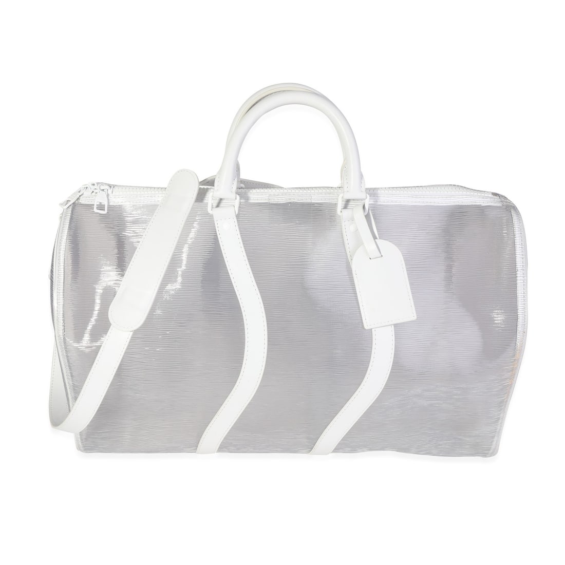 Louis Vuitton Wavy Keepall 50 Clear PVC Epi Duffle Bag: Louis Vuitton Wavy Keepall 50 Clear PVC Epi Duffle Bag Louis Vuitton Wavy Keepall Bandouliere 50 in clear Epi PVC with a white colorway. This pre-owned duffle bag features a zip-top closure and includ