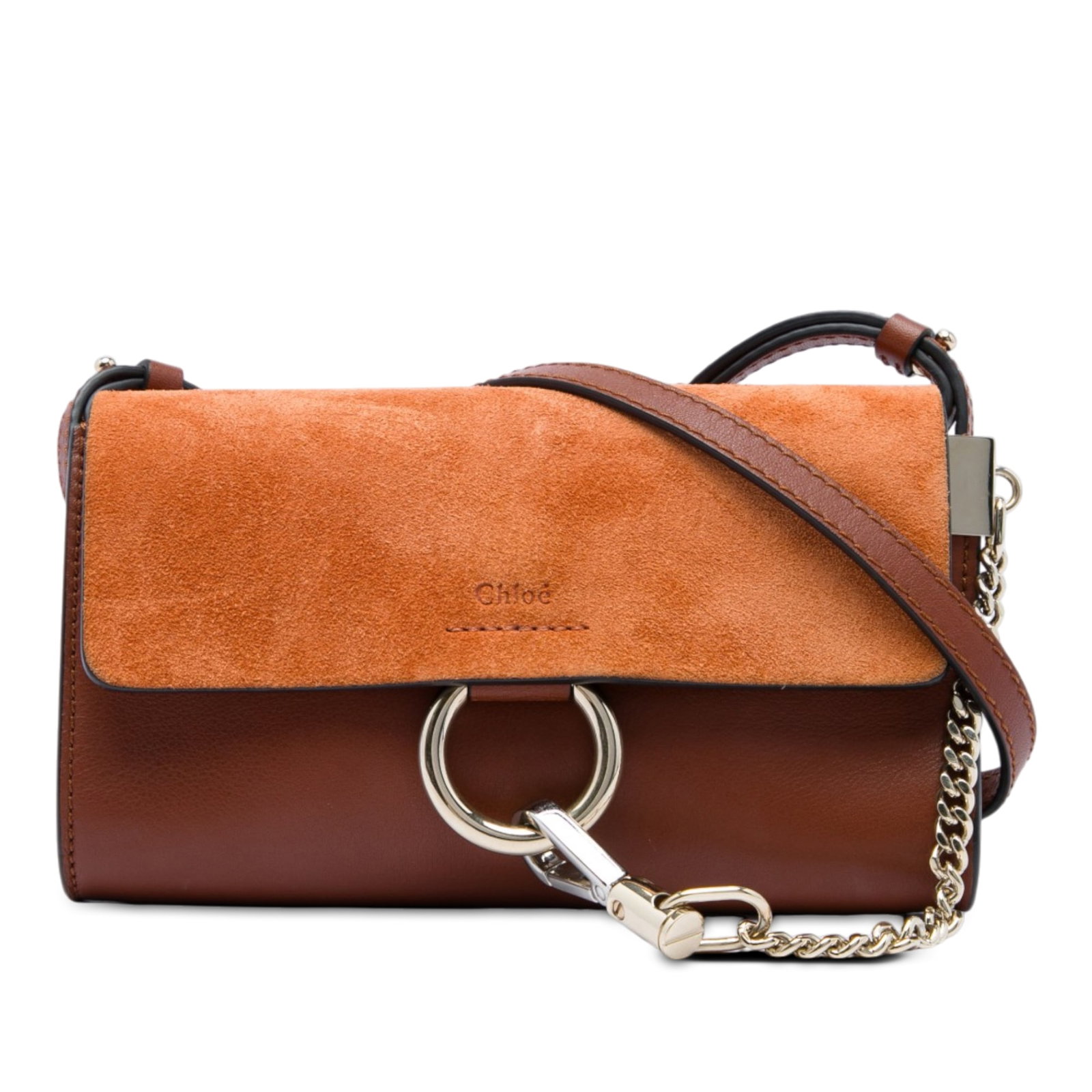 Chloe Faye Mini Crossbody Bag in Calfskin and Suede: Chloe Faye Mini Crossbody Bag in Calfskin and Suede Chloe Faye mini crossbody bag crafted with a calf leather body and suede top flap. This crossbody features an adjustable flat leather strap, signatu