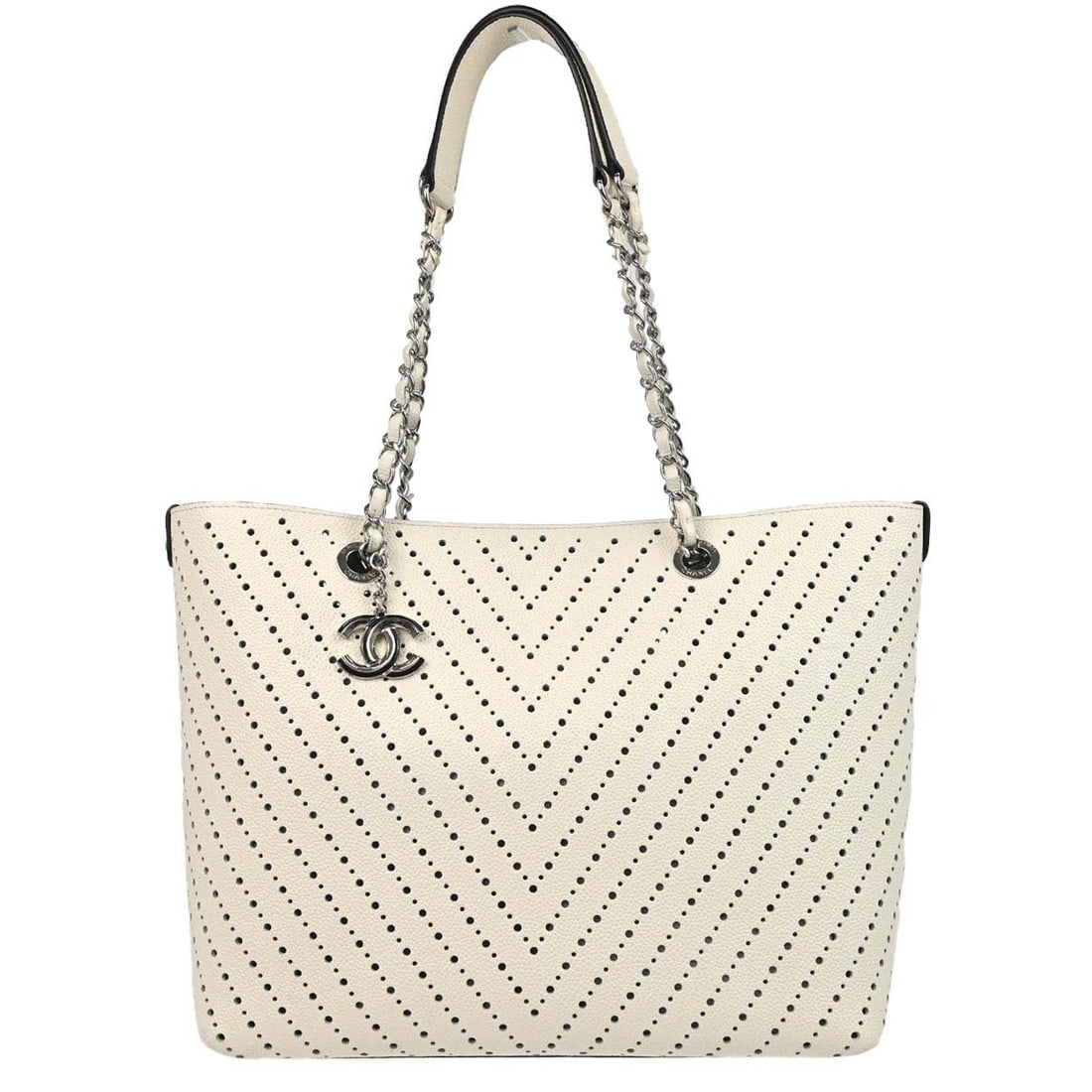 CHANEL Shopping Tote White Perforated Leather Handbag with Pouch: CHANEL Shopping Tote White Perforated Leather Handbag with Pouch Chanel shopping tote bag in white perforated caviar skin leather with chevron styling and double handles. This large tote features logo