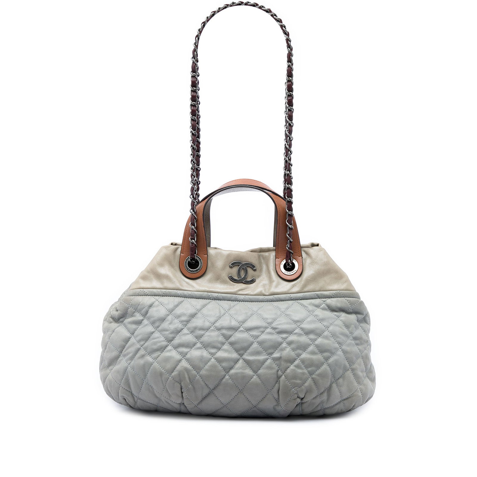 Chanel In The Mix Small Tote Gray Calfskin Leather Bag: Chanel In The Mix Small Tote Gray Calfskin Leather Bag A Chanel Paris Byzance Small In The Mix tote crafted in quilted gray calfskin leather. This tote features flat leather handles, leather-woven cha