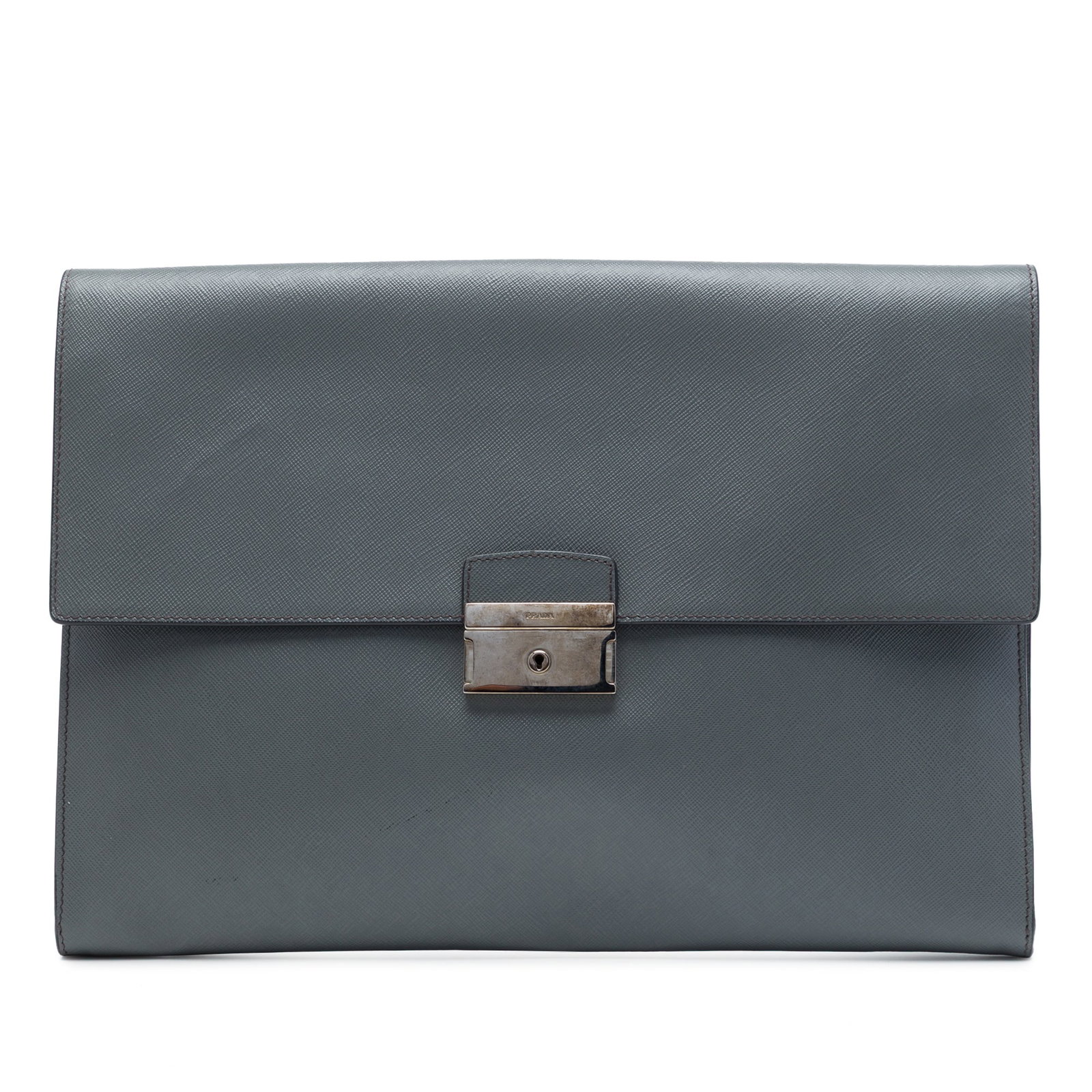 Prada Saffiano Leather Document Clutch Gray Italy: Prada Saffiano Leather Document Clutch Gray Italy Prada Saffiano Document Holder in gray saffiano leather with a flap and push-lock closure. The interior includes a zip pocket for organization. Made i