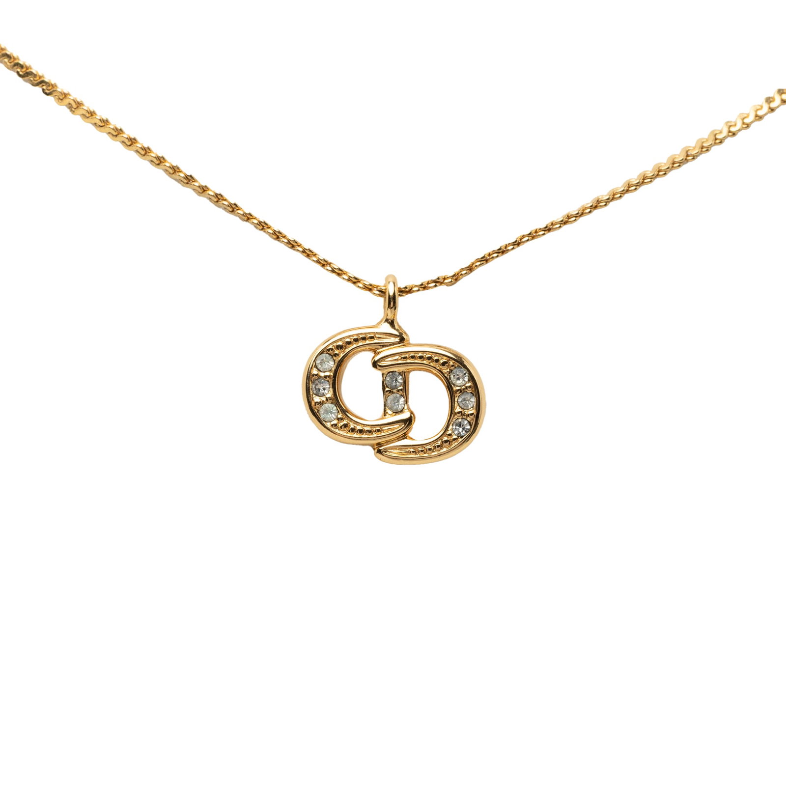 Dior CD Logo Strass Pendant Necklace Gold Plated Metal: Dior CD Logo Strass Pendant Necklace Gold Plated Metal Dior necklace with a gold plated metal body, strass CD logo pendant, and spring ring closure. This costume jewelry piece is made in Germany and s