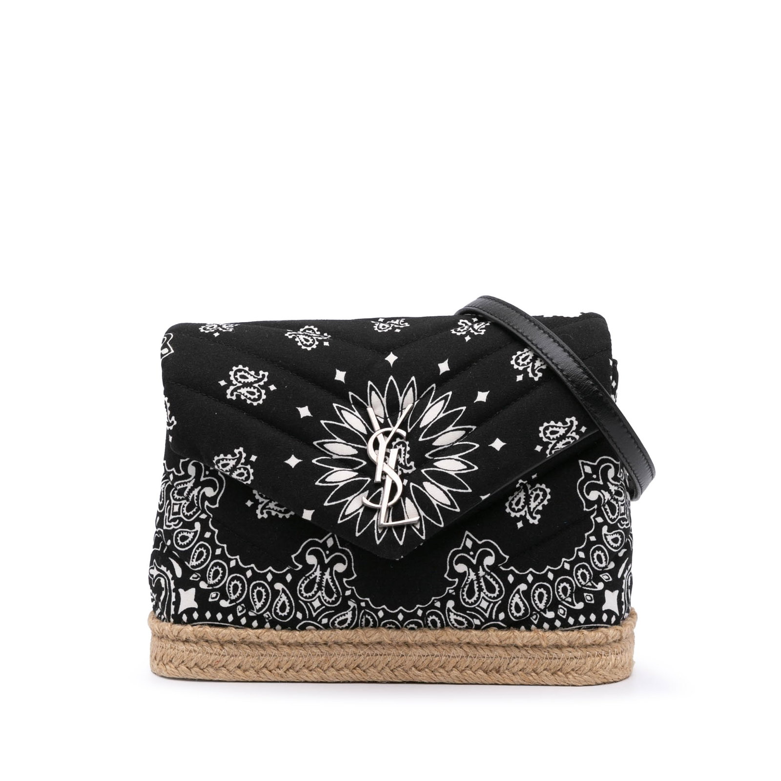 Saint Laurent Toy Loulou Bandana Print Cotton Crossbody With Raffia Trim: Saint Laurent Toy Loulou Bandana Print Cotton Crossbody With Raffia Trim The Saint Laurent Toy Cotton Bandana Print Loulou Crossbody is a stylish bag featuring a printed cotton body with raffia trim. 