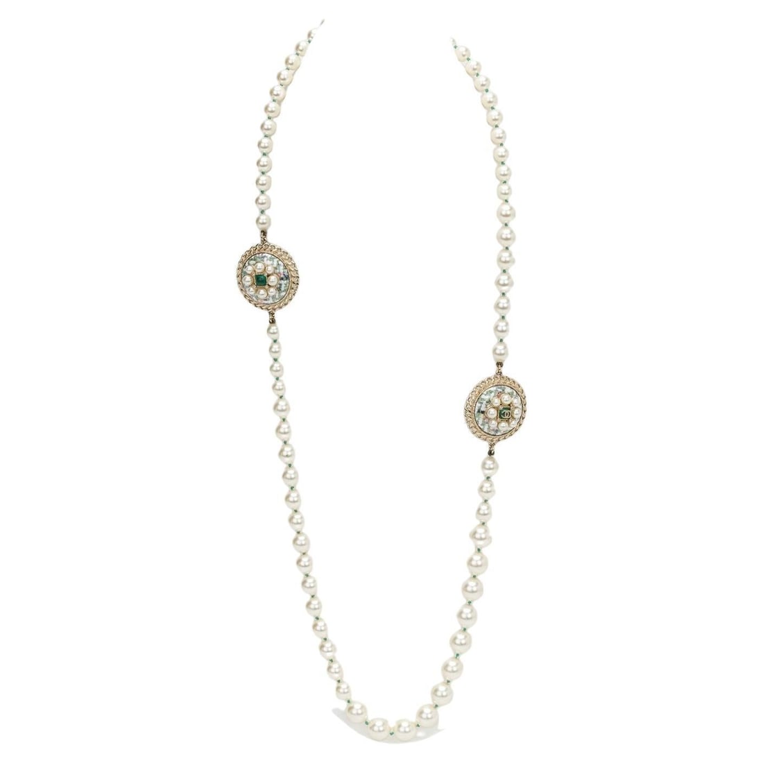 Chanel Spring 2015 Long Pearl Necklace with Gripoix Cabochons: Chanel Spring 2015 Long Pearl Necklace with Gripoix Cabochons Long graduated pearl necklace from Chanel featuring green mosaic Gripoix flat cabochons. Designed to be worn as a single strand or doubled