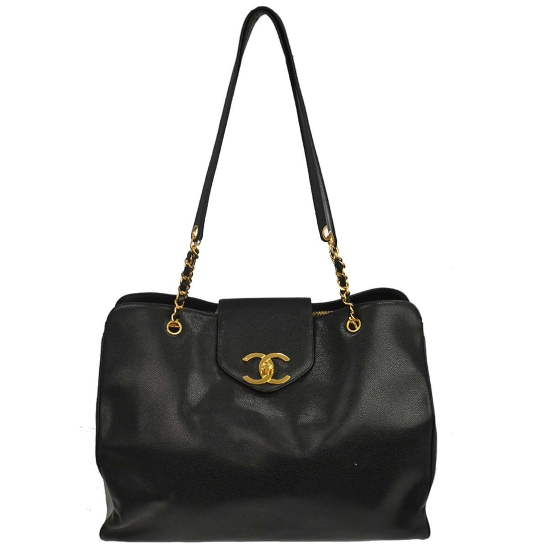 CHANEL Supermodel Black Caviar Skin Leather Tote Bag: CHANEL Supermodel Black Caviar Skin Leather Tote Bag Extra large Chanel Supermodel tote shoulder bag in black caviar skin leather. This Italy-made bag features logo accents, two exterior pockets, and 
