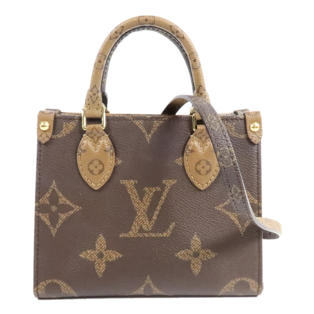 Louis Vuitton OnTheGo BB M46839 Monogram Reverse 2 Way Bag: Louis Vuitton OnTheGo BB M46839 Monogram Reverse 2 Way Bag Louis Vuitton OnTheGo BB 2-way shoulder bag in Monogram Reverse brown PVC coated canvas. This women's bag features a compact structured silho