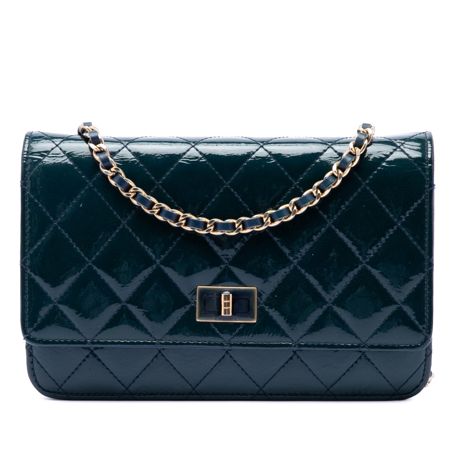 Chanel Reissue 2.55 Quilted Patent Leather Wallet on Chain Blue: Chanel Reissue 2.55 Quilted Patent Leather Wallet on Chain Blue Chanel Quilted Patent Reissue 2.55 Wallet On Chain in blue patent leather. This bag features a quilted body, a leather-woven chain strap