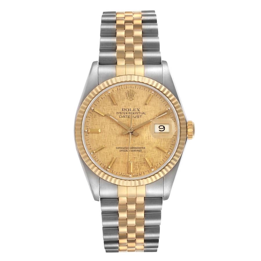 Rolex Datejust 16013 mens watch with D-Link Jubilee bracelet and papers: Rolex Datejust 16013 mens watch with D-Link Jubilee bracelet and papers Rolex Datejust reference 16013 with a champagne linen stick dial, fluted bezel, and D-Link Jubilee bracelet. This men's wristwat