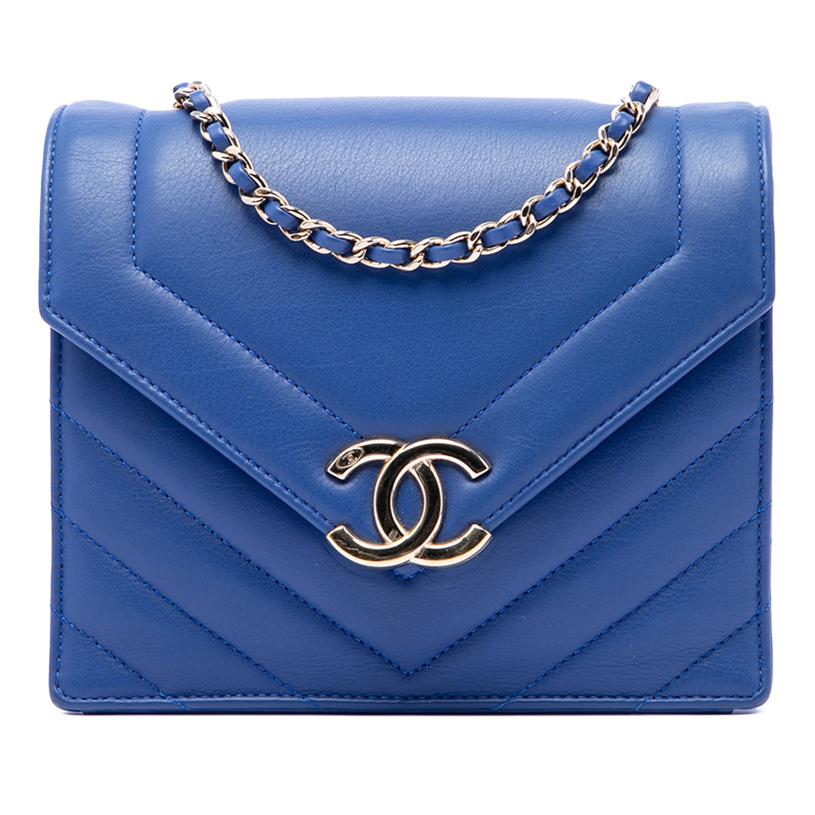 Chanel Small CC Chevron Envelope Flap Crossbody Blue Calfskin: Chanel Small CC Chevron Envelope Flap Crossbody Blue Calfskin Chanel Small CC Chevron Calfskin Envelope Flap crossbody bag in blue quilted calf leather. It features a leather-woven chain link strap, a