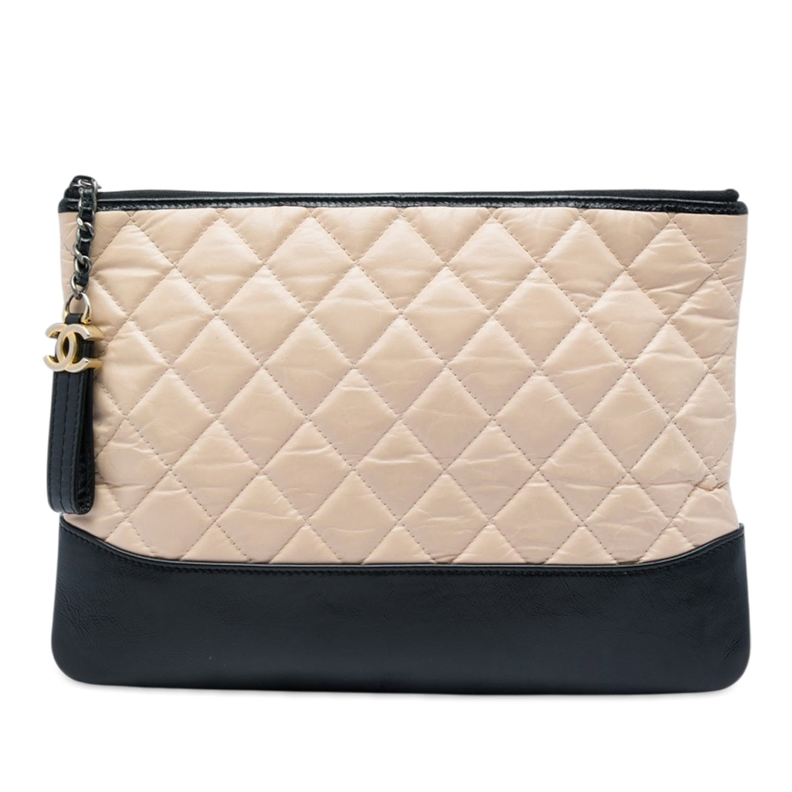 Chanel Gabrielle O Case Medium bicolor aged calfskin clutch: Chanel Gabrielle O Case Medium bicolor aged calfskin clutch A Chanel Gabrielle O Case clutch crafted in bicolor quilted aged calfskin. This medium clutch features a top zip closure and an interior zip