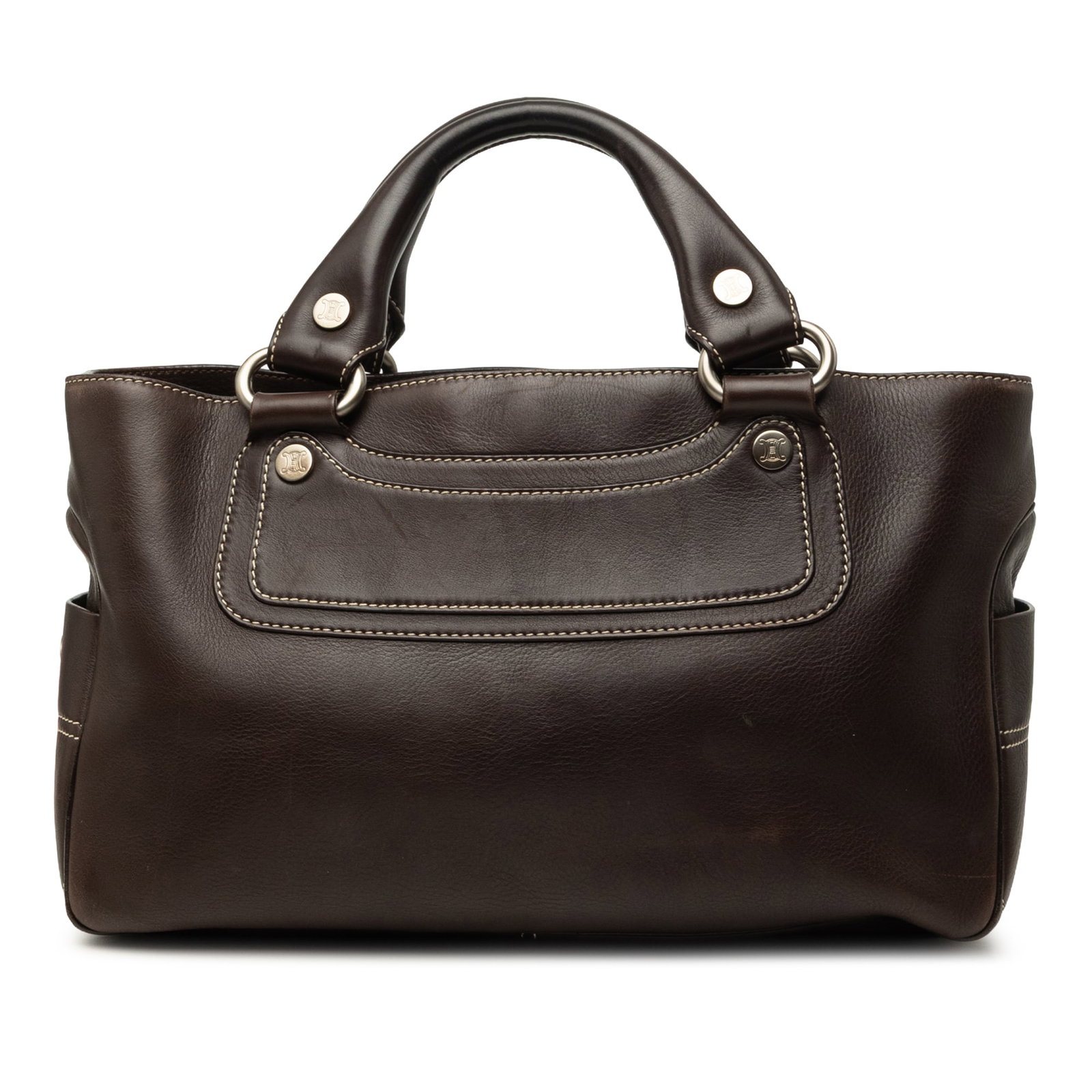 Celine Boogie Brown Leather Top Handle Bag: Celine Boogie Brown Leather Top Handle Bag A Celine Boogie handbag crafted in brown leather with rolled leather handles and an open-top design. The bag includes exterior side pockets, an interior zip 