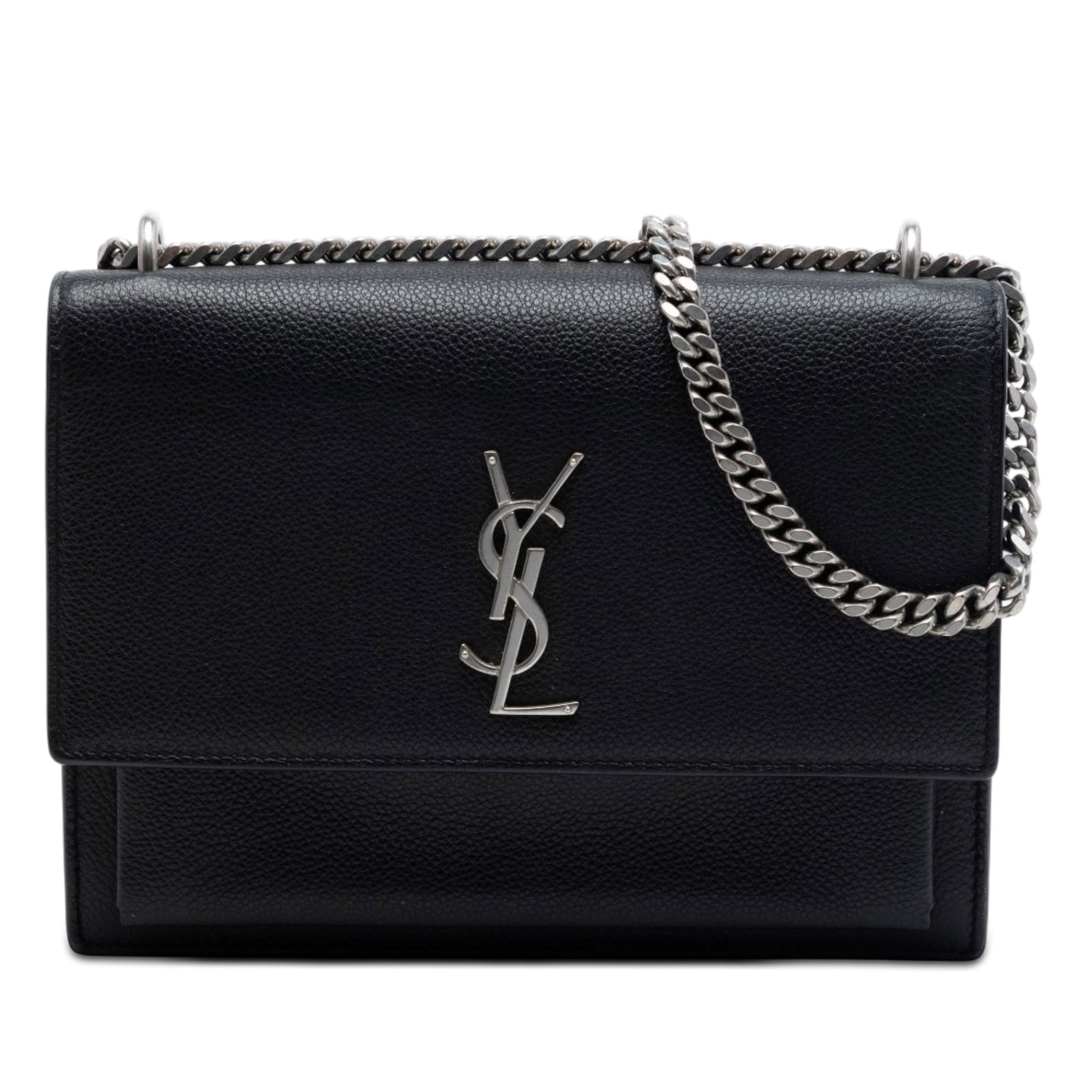 Black Leather Crossbody Bag Saint Laurent Sunset Monogram Medium: Black Leather Crossbody Bag Saint Laurent Sunset Monogram Medium Saint Laurent Sunset crossbody bag in black leather with a grained calfskin finish. It features a chain link shoulder strap with leathe