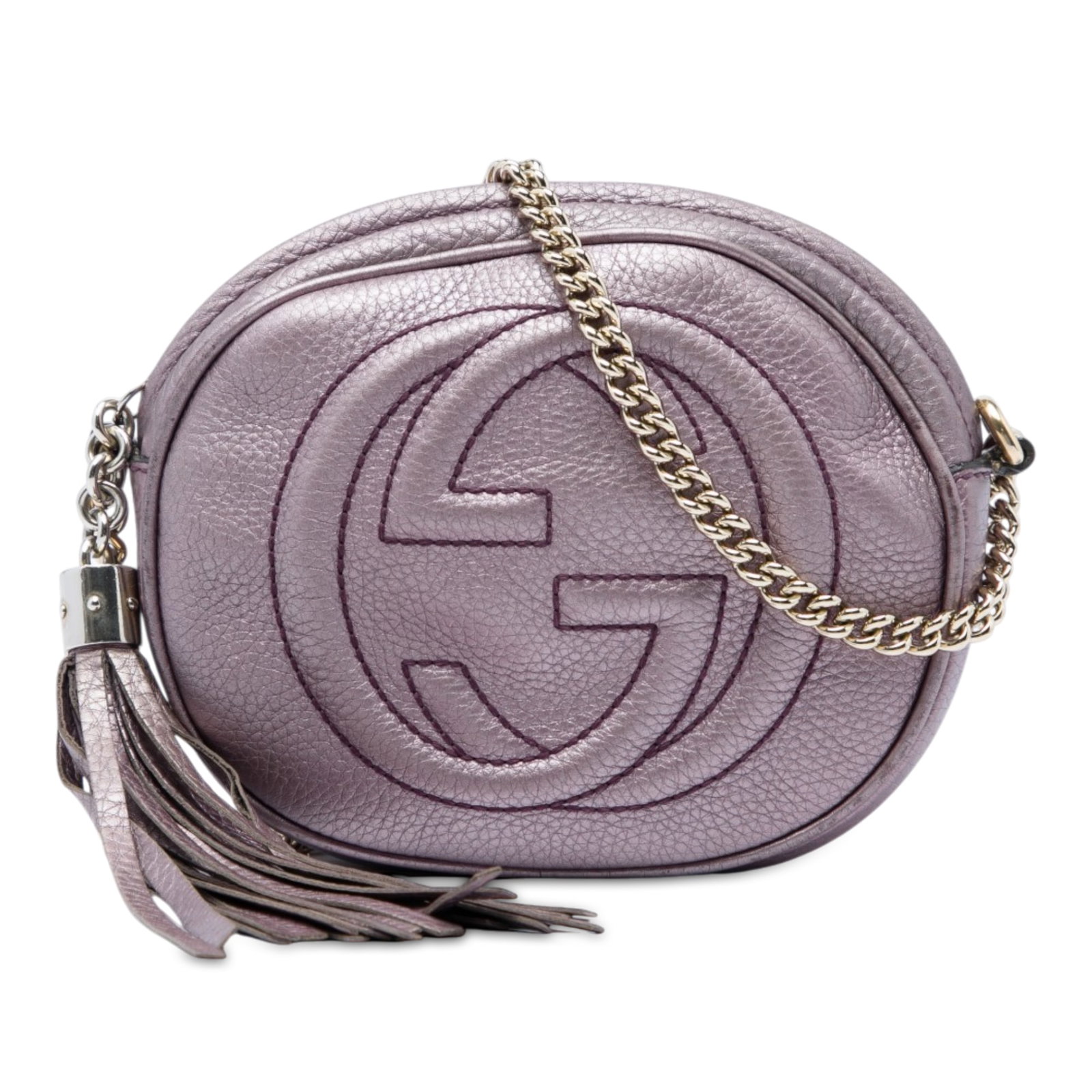 Gucci Soho Mini Chain Crossbody in Purple Metallic Leather: Gucci Soho Mini Chain Crossbody in Purple Metallic Leather Gucci Soho mini crossbody bag crafted in metallic pebbled calfskin leather with a tassel detail and chain link strap. The bag features a top 