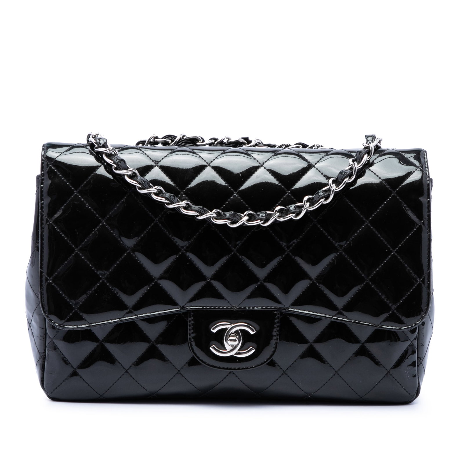 Chanel Jumbo Classic Patent Flap Shoulder Bag Black Leather: Chanel Jumbo Classic Patent Flap Shoulder Bag Black Leather A Chanel Jumbo Classic Patent Single Flap shoulder bag crafted in black quilted patent leather. It features silver-tone leather-woven chain 