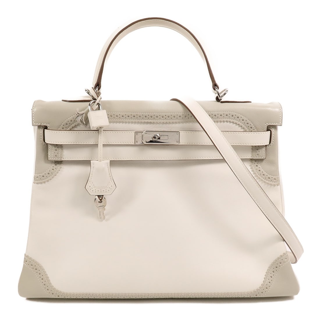 Hermes Kelly Ghillies 35 Veau Swift Leather Shoulder Bag PHW Blanc Gris Perle (1 of 18)