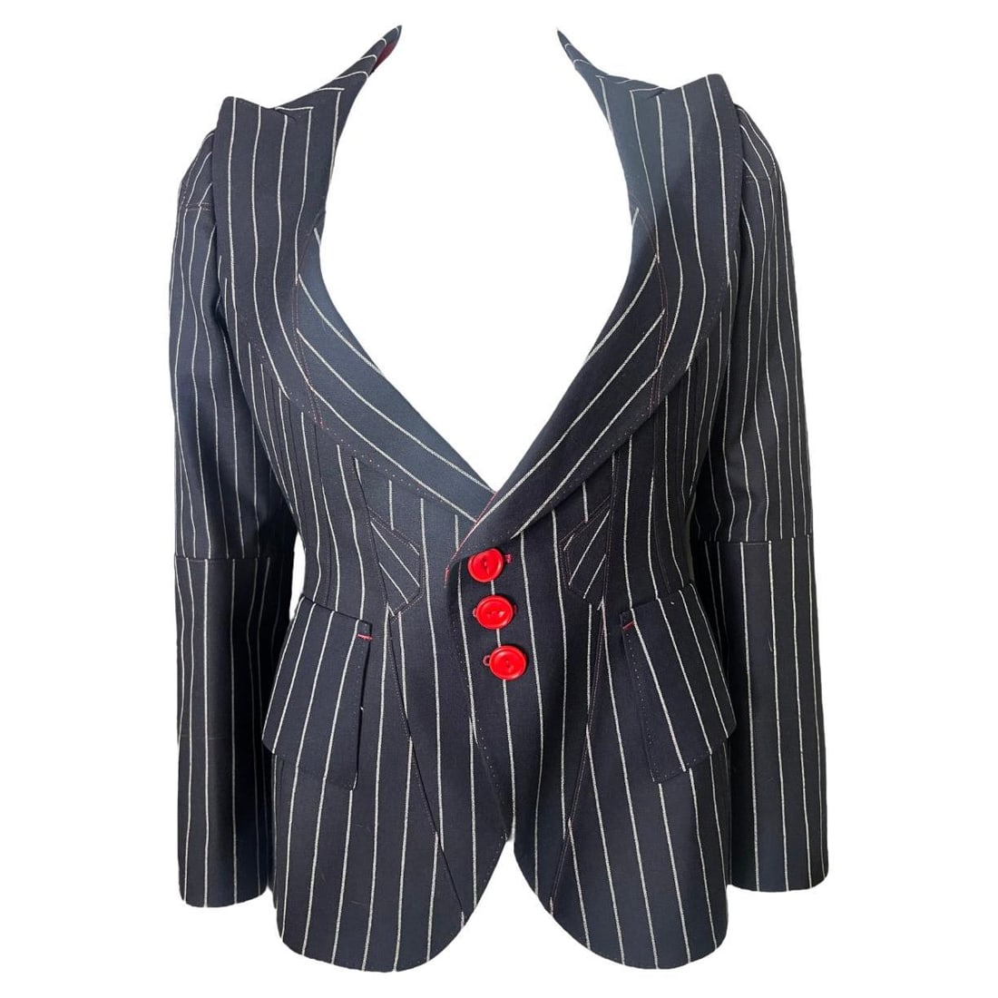 Shiro Sakai Medium Navy Jacket with White Stripes: Shiro Sakai Medium Navy Jacket with White Stripes Navy blazer jacket by Shiro Sakai in marked US size Medium. It features a white striped pattern, a collar, long sleeves, three front red burr closures