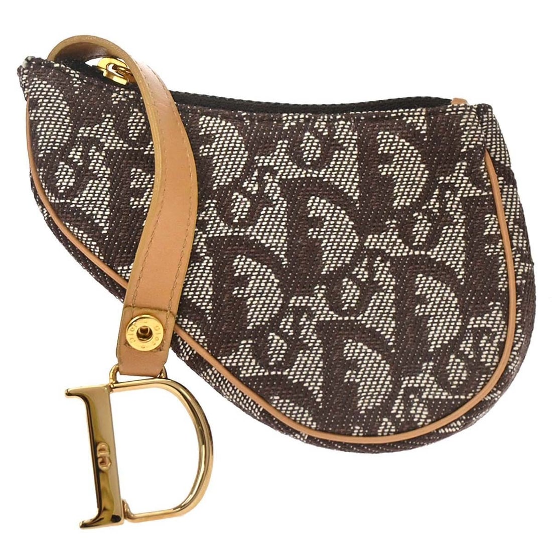 Christian Dior Saddle Mini Pouch Brown Trotter Coin Wallet: Christian Dior Saddle Mini Pouch Brown Trotter Coin Wallet Christian Dior Trotter coin purse wallet mini pouch in brown, featuring the Trotter pattern and logo accent. It has a zipper closure, fabric 