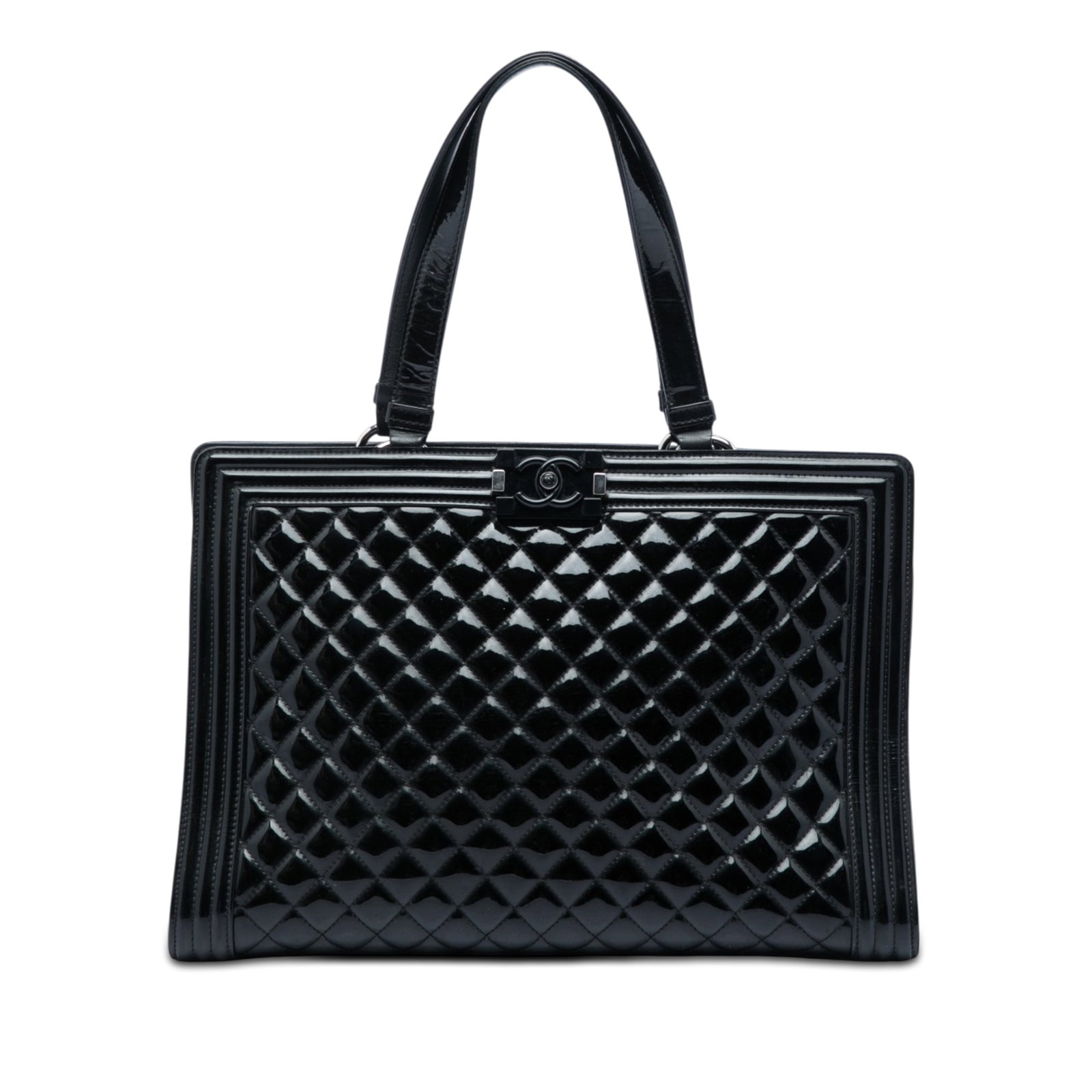 Chanel Boy Shopper Tote Large Black Quilted Patent Leather Bag: Chanel Boy Shopper Tote Large Black Quilted Patent Leather Bag Large Chanel Boy Shopping Tote in black quilted patent leather with flat shoulder straps and an open top secured by a push lock closure. 
