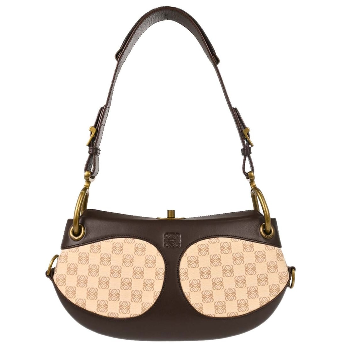 Loewe medium top handle handbag beige brown canvas leather: Loewe medium top handle handbag beige brown canvas leather Loewe top handle handbag in beige and brown canvas with leather trim and the Anagram turnlock design. Made in Spain, this medium handbag feat