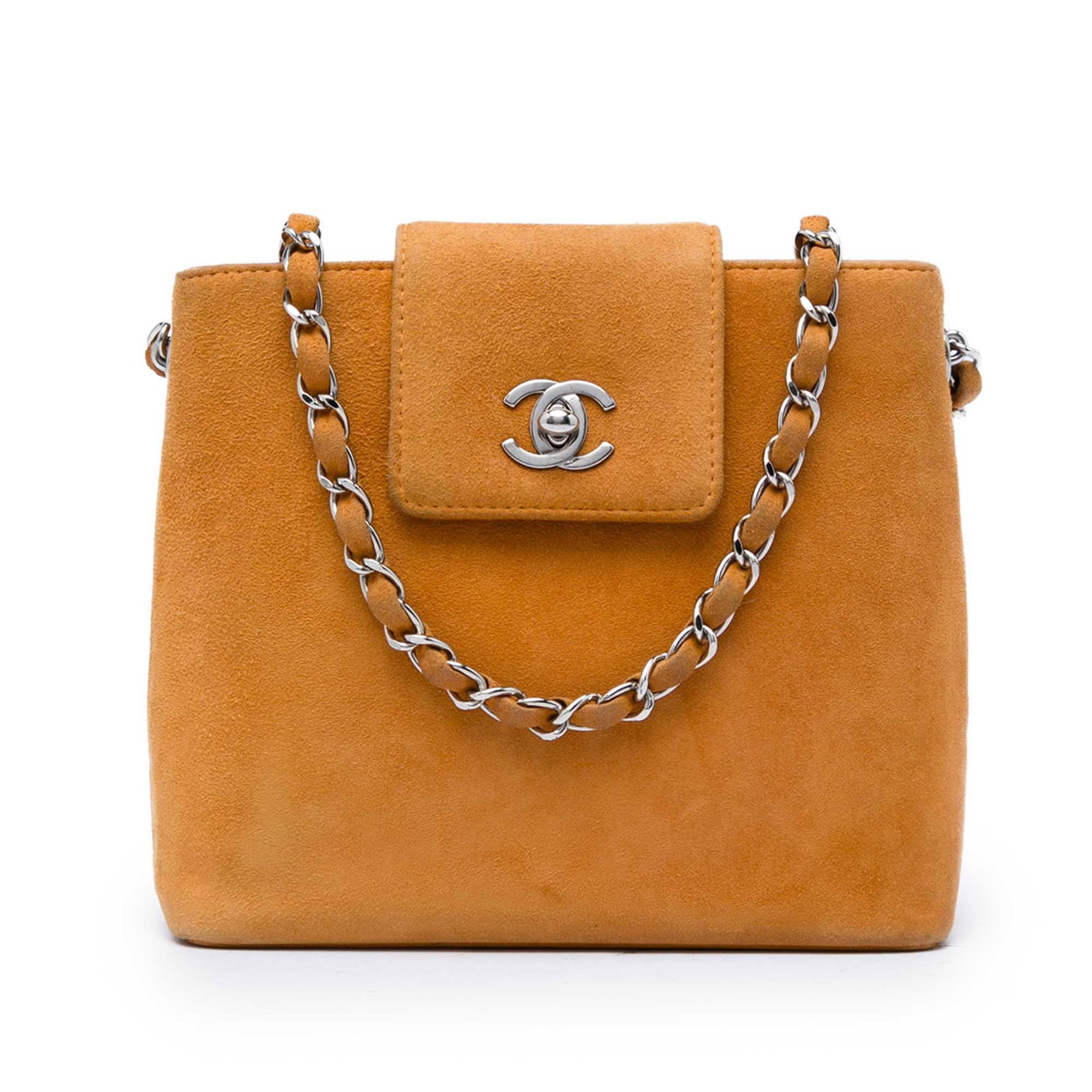 Chanel CC Handbag in Brown Suede Leather: Chanel CC Handbag in Brown Suede Leather Chanel CC suede handbag in brown with a suede leather body, leather-woven chain strap, and a top strap with twist-lock closure. The interior includes a zip poc