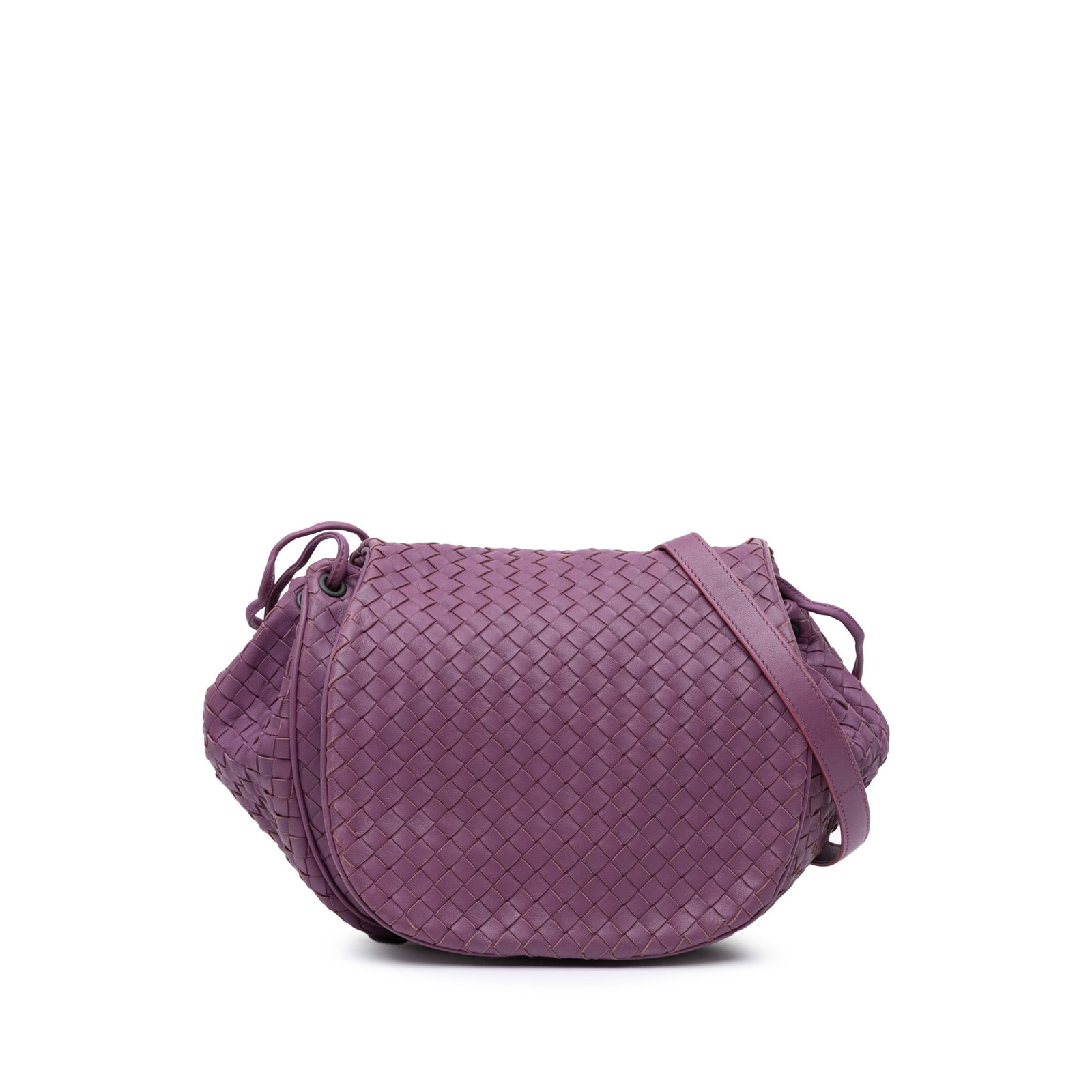 Bottega Veneta Purple Nappa Intrecciato Flap Crossbody Bag: Bottega Veneta Purple Nappa Intrecciato Flap Crossbody Bag Introducing the Bottega Veneta Nappa Intrecciato Flap Crossbody, a stunning accessory crafted from woven nappa leather in a vibrant purple hu