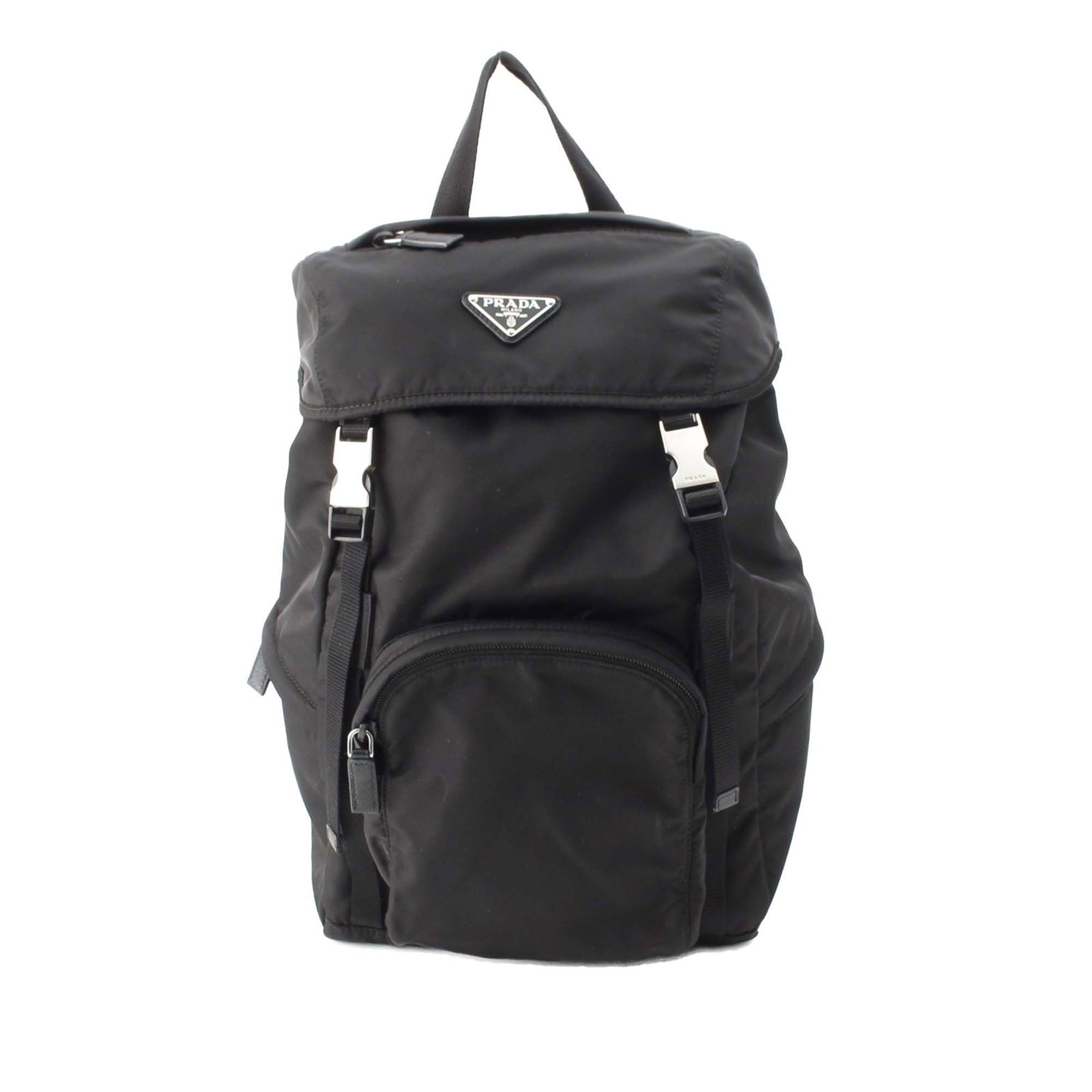 Prada Tessuto Nylon Drawstring Flap Backpack Black: Prada Tessuto Nylon Drawstring Flap Backpack Black Prada Tessuto backpack in black fabric with a structured, functional design. It features a flat top handle, adjustable back straps, a top flap with b