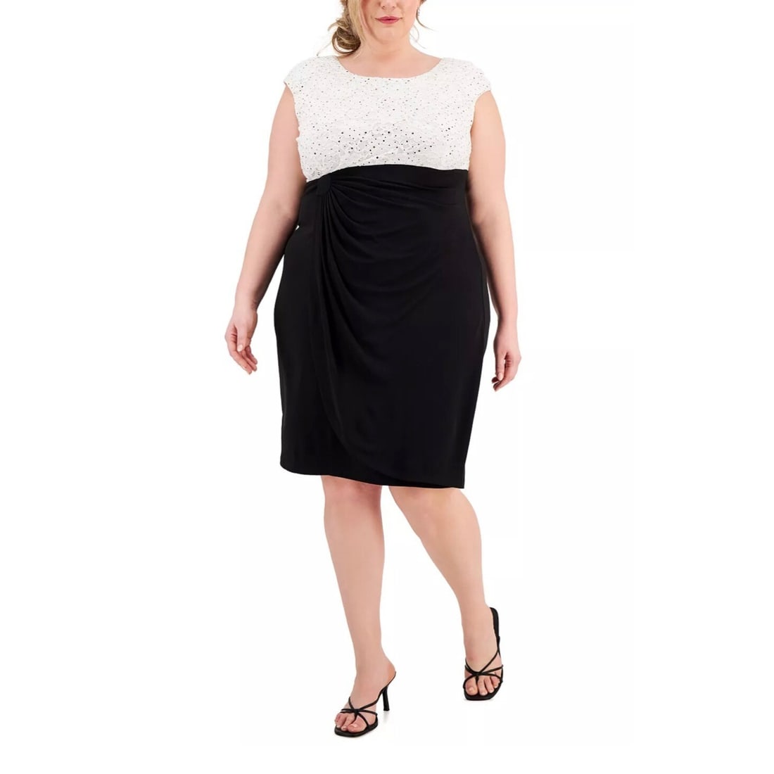 Connected Plus Size Colorblocked Lace Sheath Dress 22W White Black: Connected Plus Size Colorblocked Lace Sheath Dress 22W White Black Elevate your style with this stunning plus size colorblocked lace ruched sheath dress. Designed with a beautiful lace bodice and